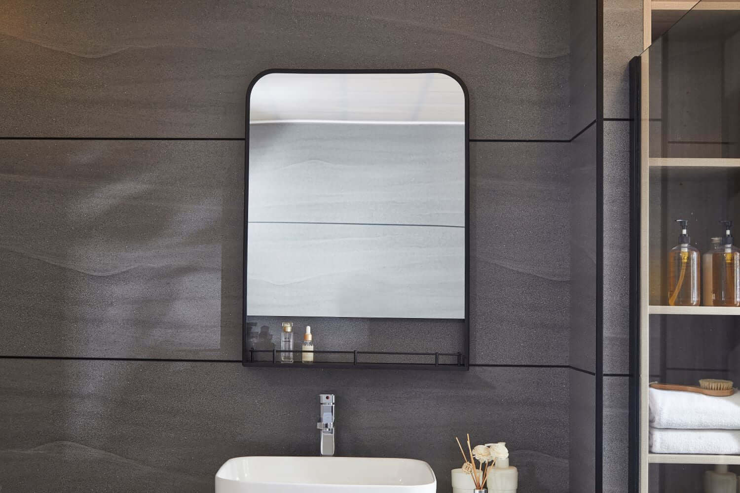 Bella 24"W x 32"H Rectangular Framed Bathroom Mirror with Shelf in Matte Black