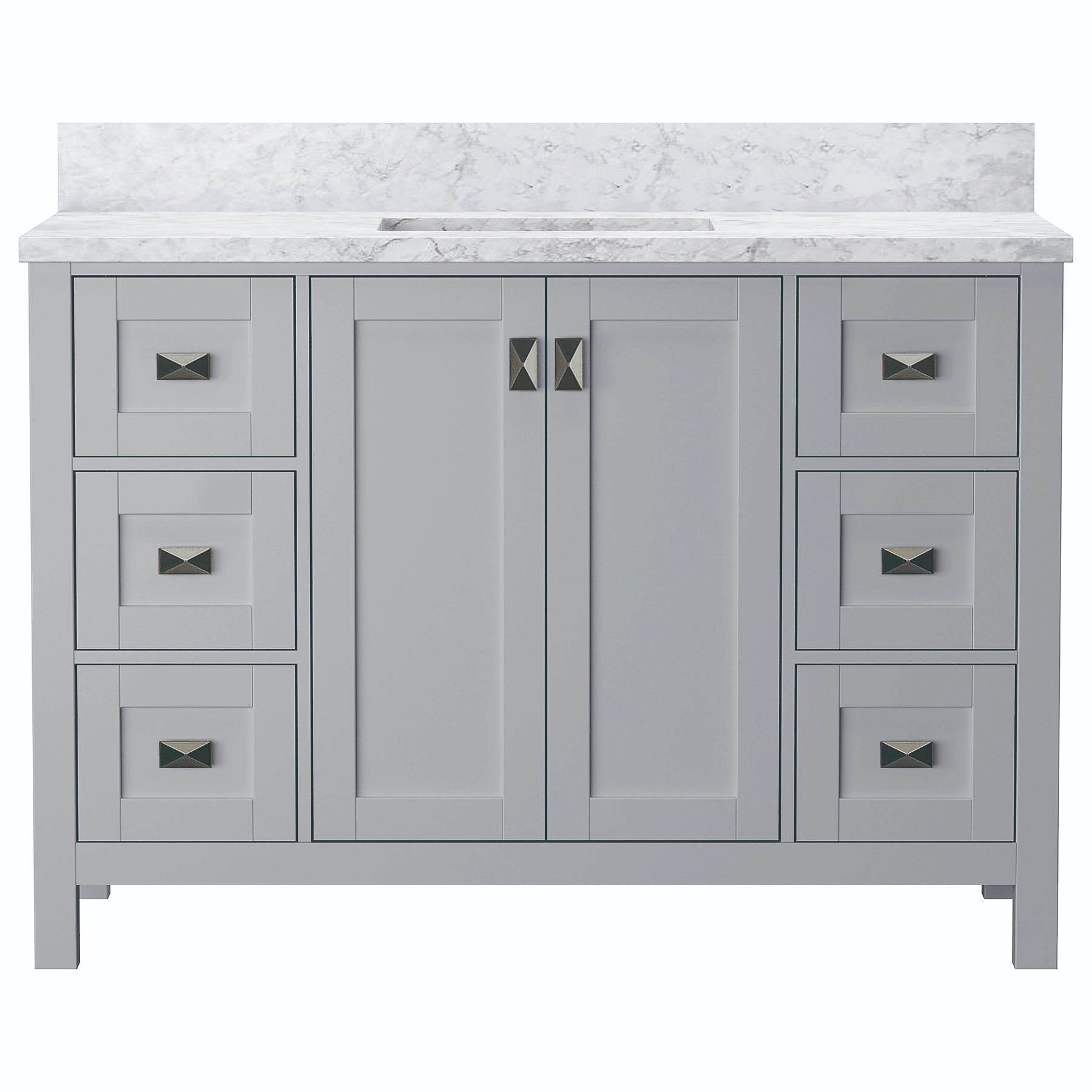 Maison 48 inch white bathroom vanity with Carrara marble top and rectangular undermount sinks