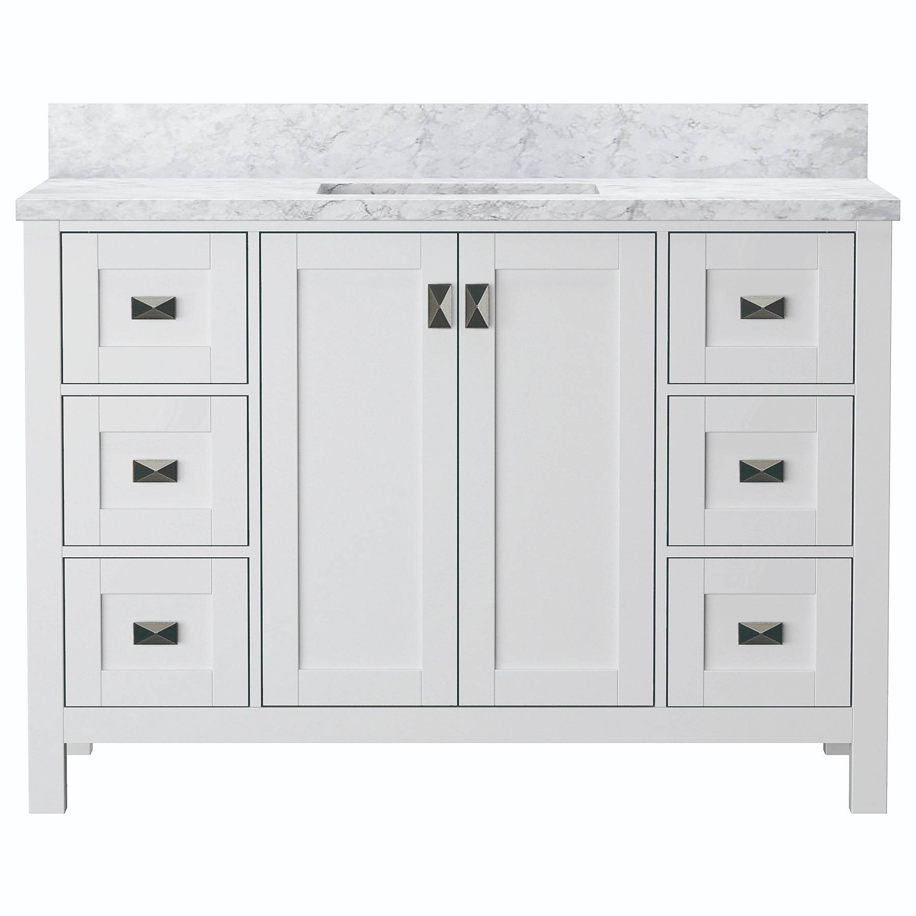 Maison 48 inch white bathroom vanity with Carrara marble top and rectangular undermount sinks