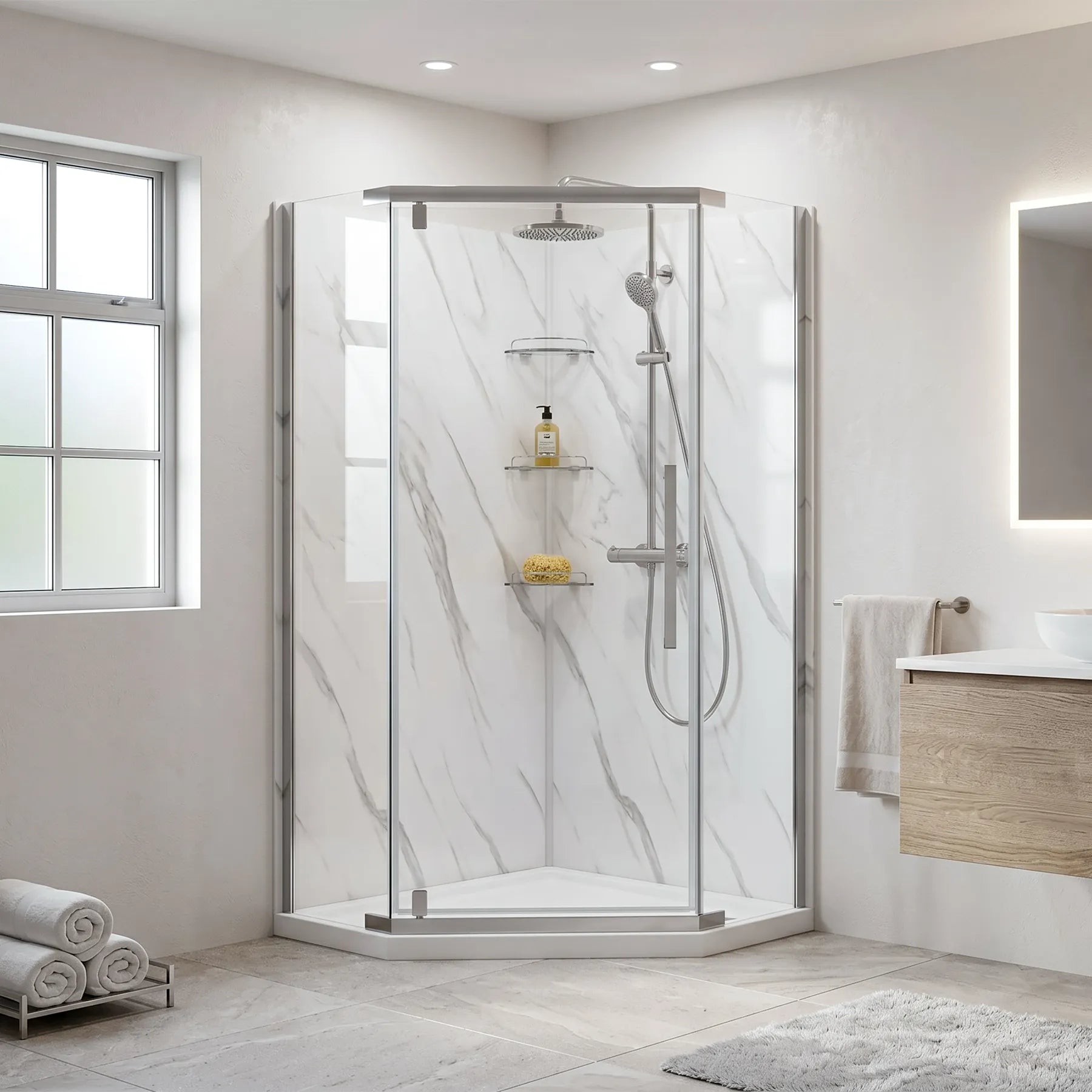 Capri 36 in. W x 36 in. D x 78.5 in. H Neo Angle Brushed Nickel Shower Kit - Dreamwerks