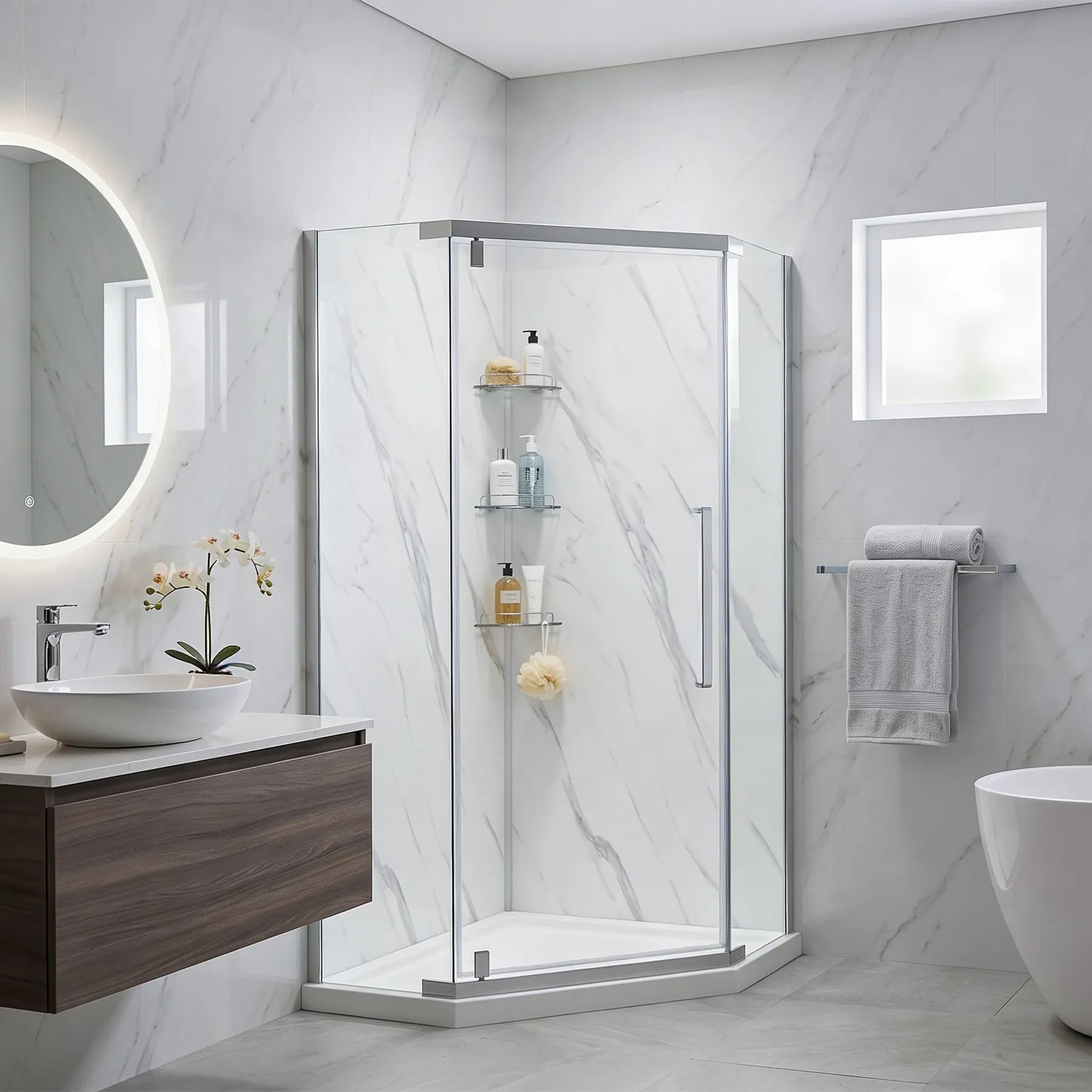 Capri 36 in. W x 36 in. D x 78.5 in. H Neo Angle Brushed Nickel Shower Kit - Dreamwerks
