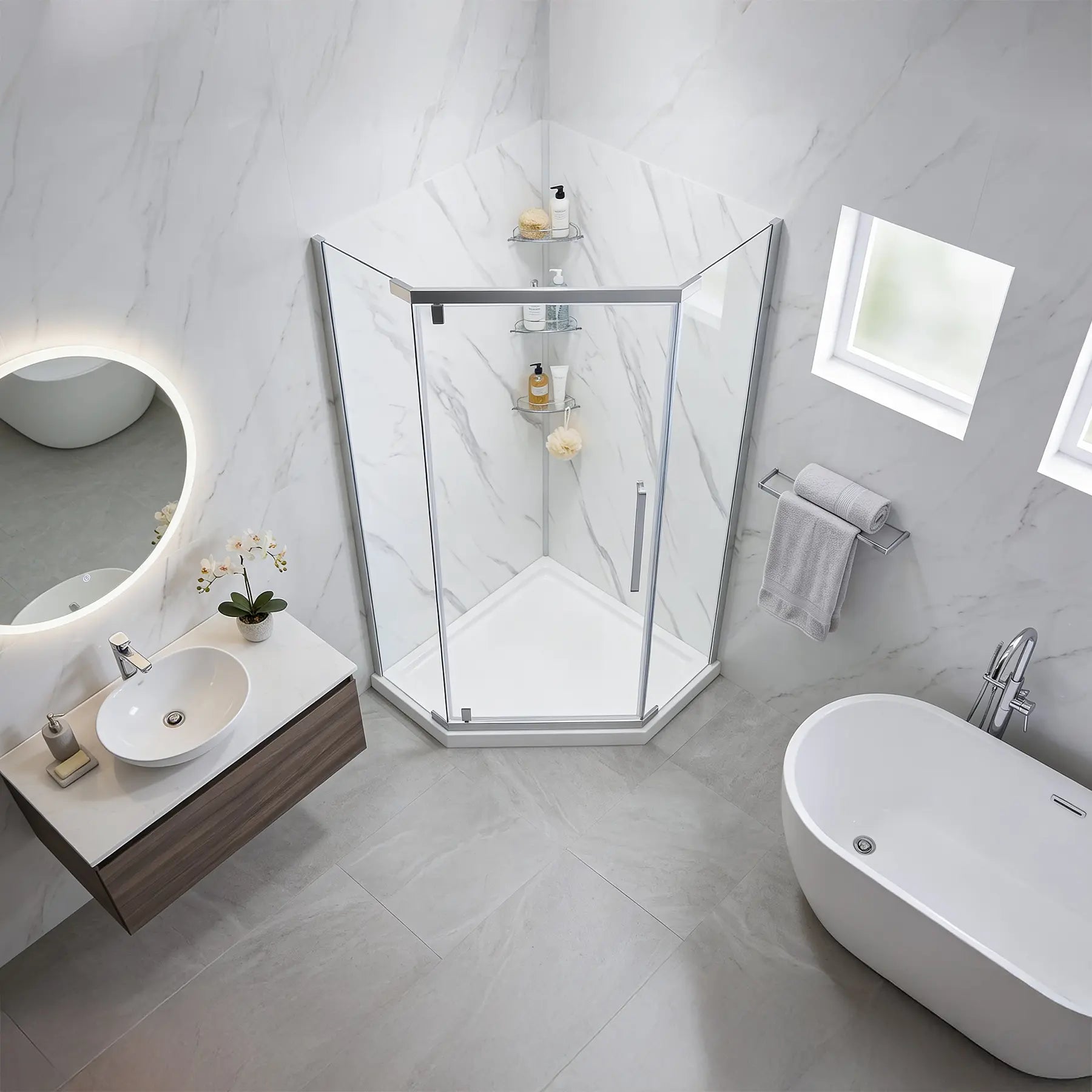 Capri 36 in. W x 36 in. D x 78.5 in. H Neo Angle Brushed Nickel Shower Kit - Dreamwerks