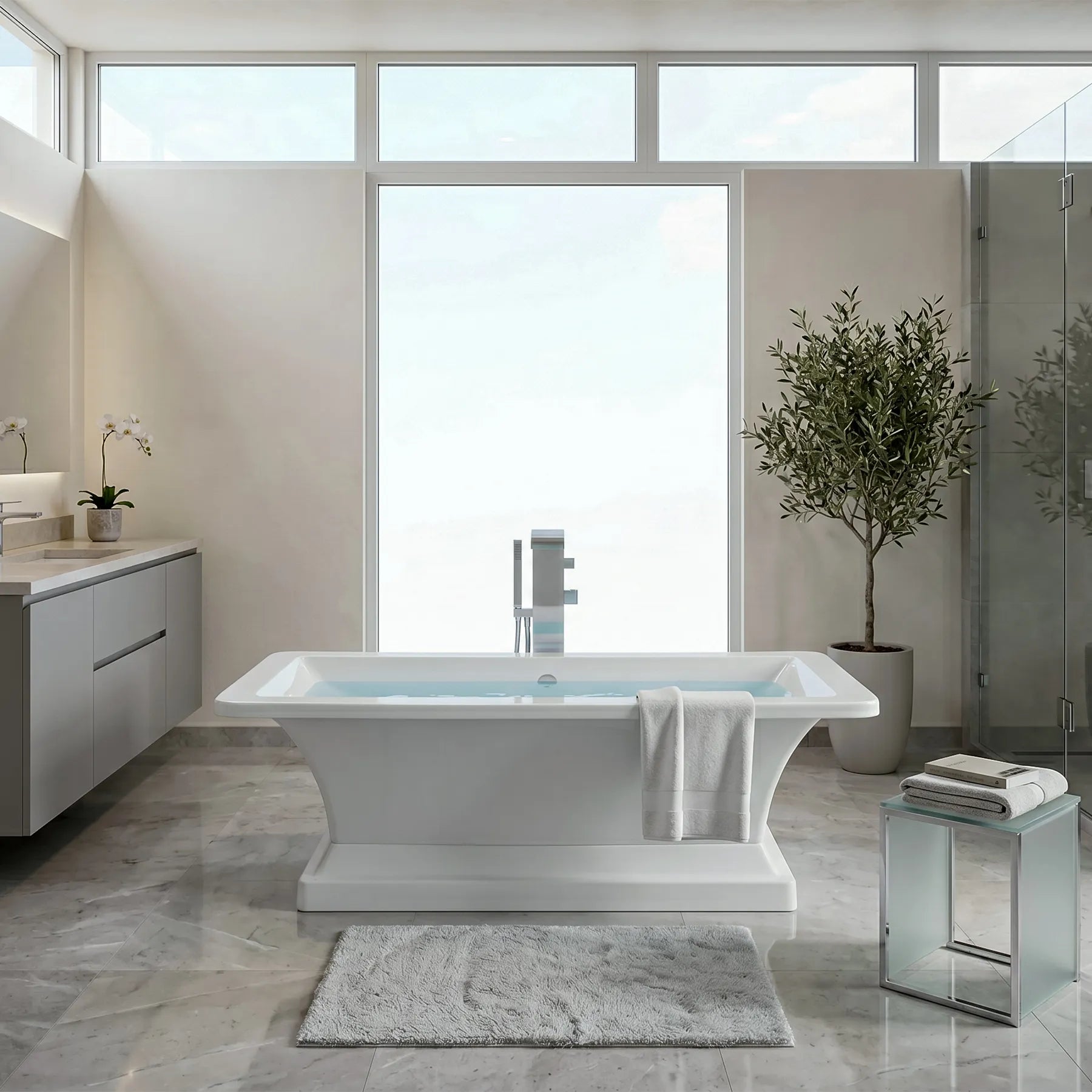 Modern bathroom with a freestanding bathtub, sink, and large windows.