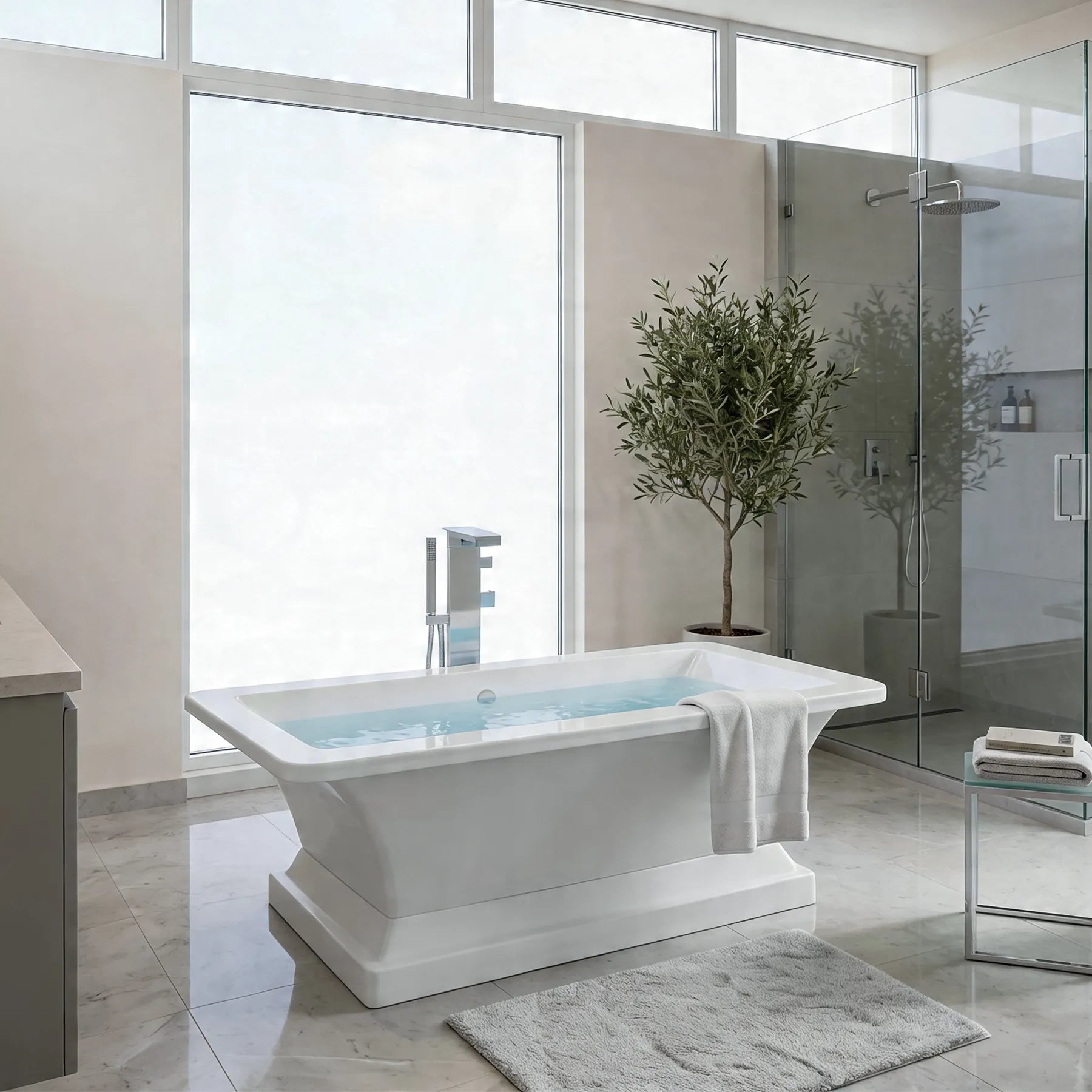 Modern bathroom with a freestanding bathtub, large window, and decorative plants.