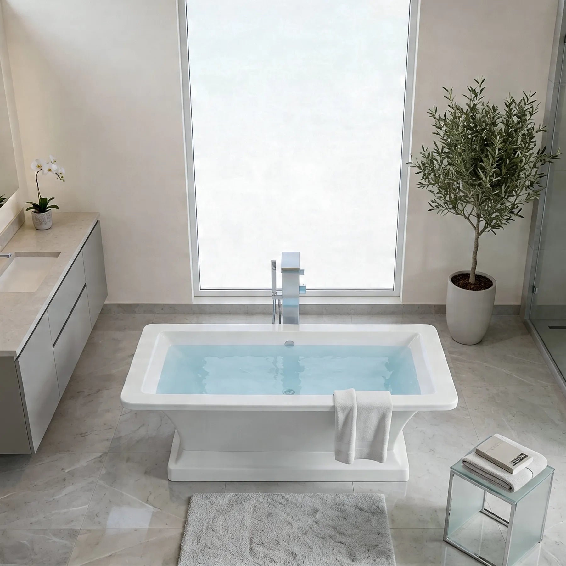 Modern bathroom with a freestanding bathtub, sink, and decorative plants.