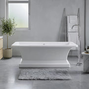 Modern bathroom with a freestanding bathtub, gray rug, and plant.