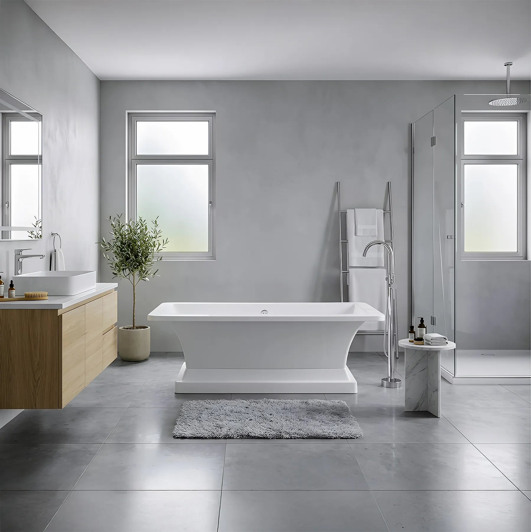 Modern bathroom with a freestanding bathtub, sink, and towel rack.