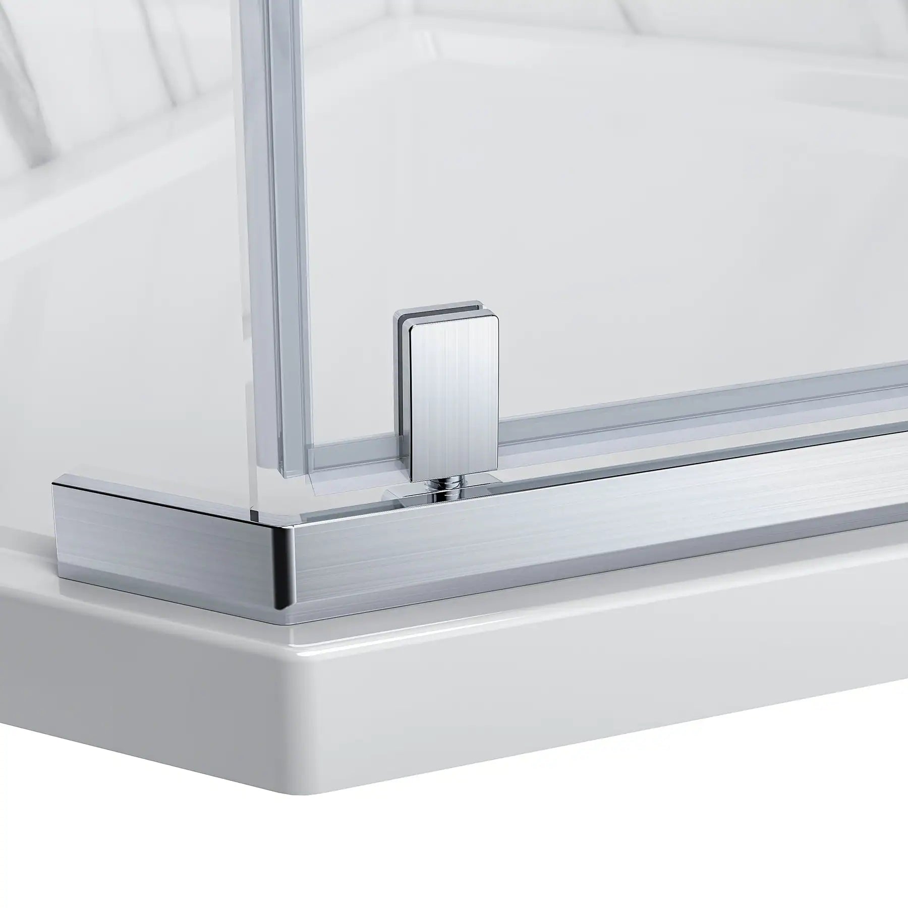 Close-up of a shower enclosure with a corner shower head and glass panel.
