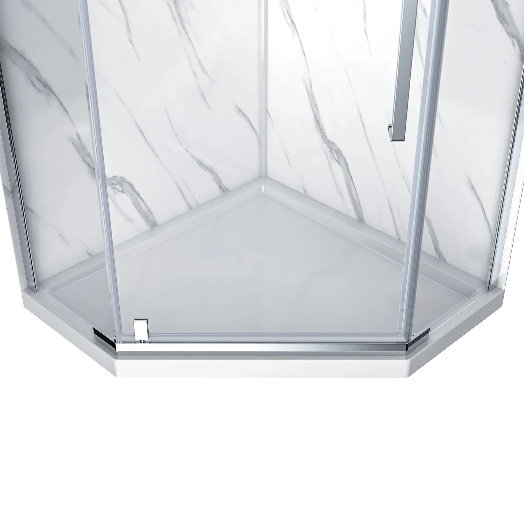 Hexagonal glass shower enclosure with white marble pattern on a white background