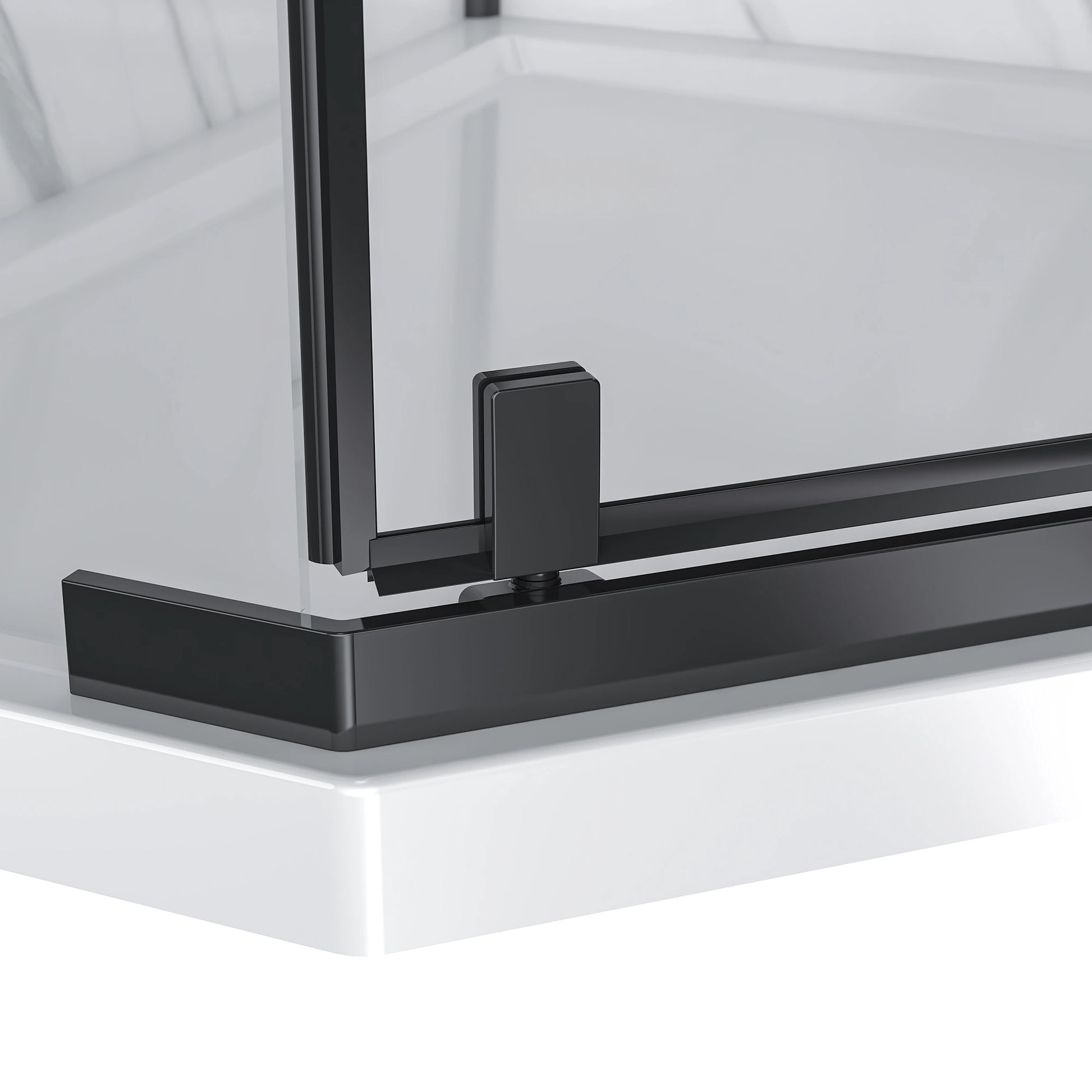 Close-up of a black metal bracket on a glass panel