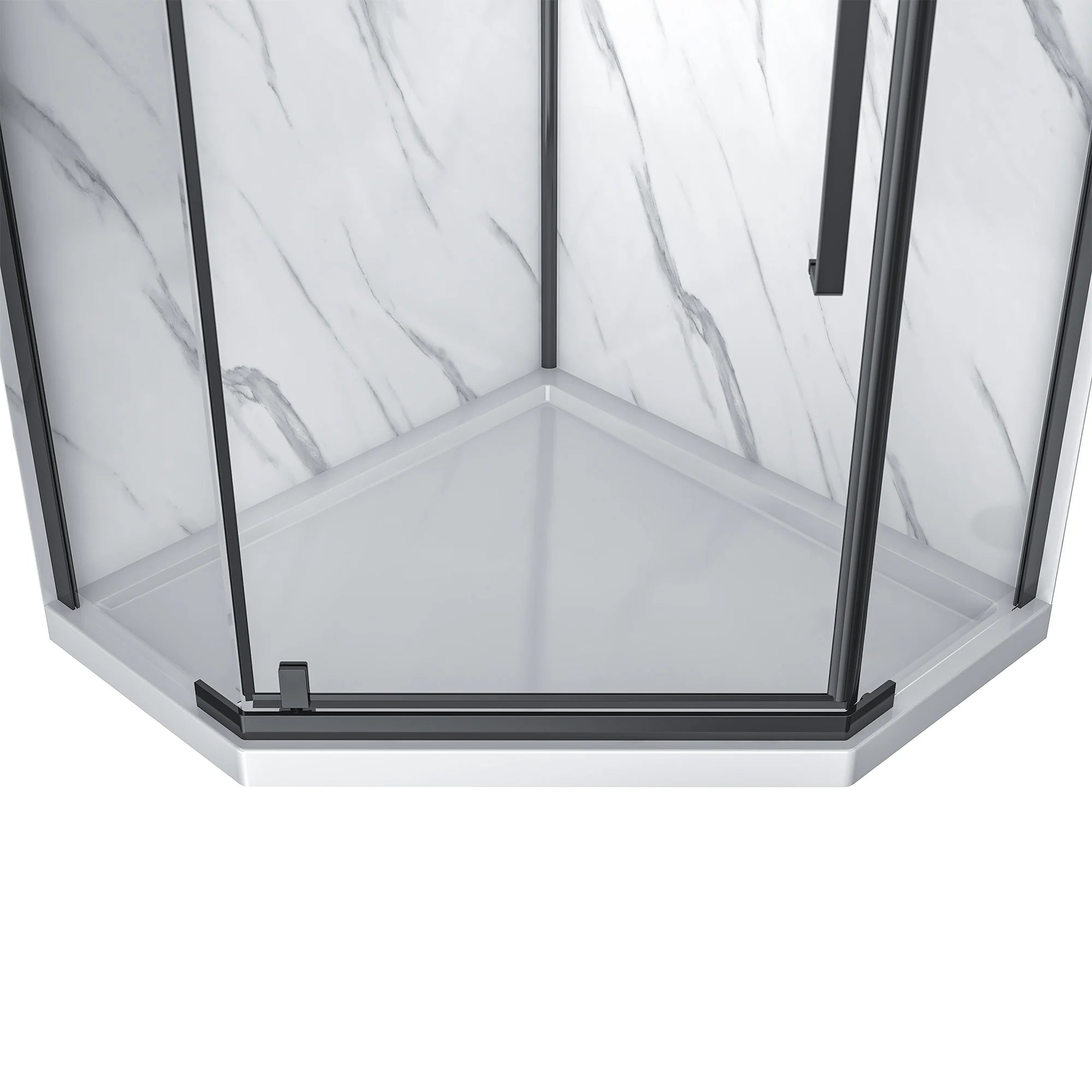 Hexagonal shower enclosure with glass panels and black frame on a white background