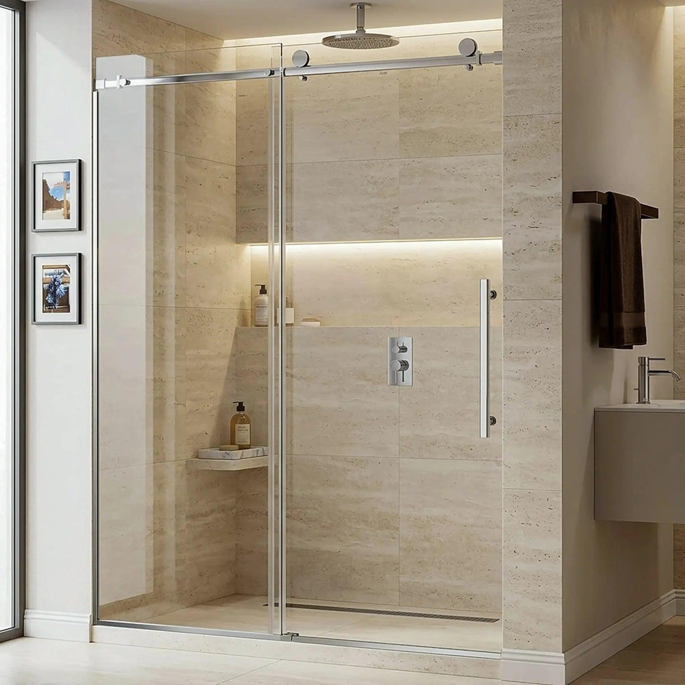 Dreamwerks - Shower Door - Dreamwerks 60 in. W x 79 in. H Frameless Stainless Steel Sliding Shower Door in Chrome with Clear Glass- VD228B