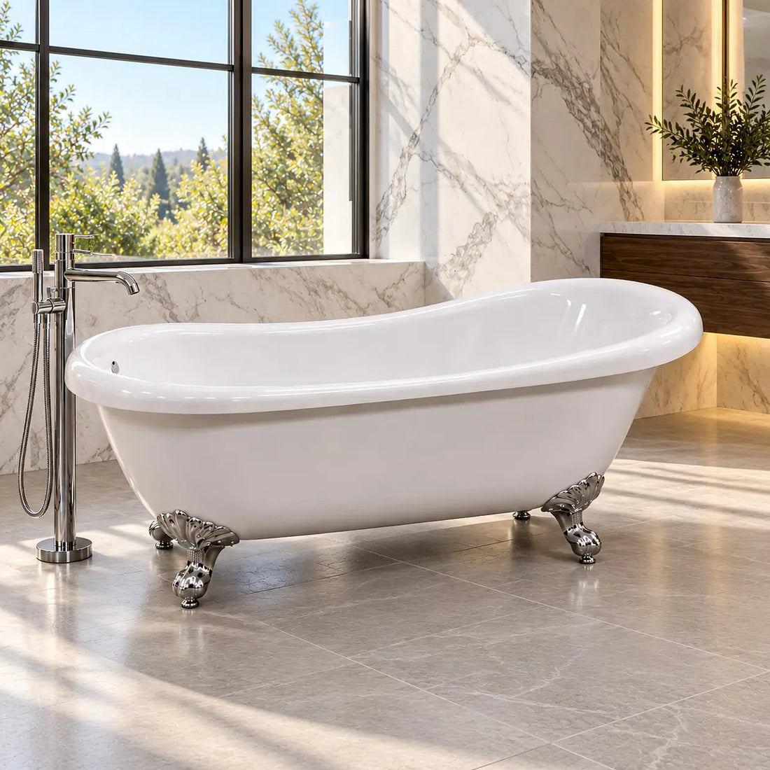 A freestanding white clawfoot bathtub with ornate silver metal feet and a matching chrome faucet, set in a modern marble bathroom with large windows and a view of trees outside.