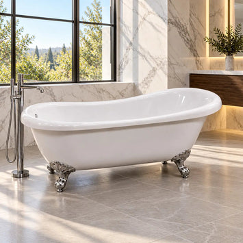 A freestanding white clawfoot bathtub with ornate silver metal feet and a matching chrome faucet, set in a modern marble bathroom with large windows and a view of trees outside.