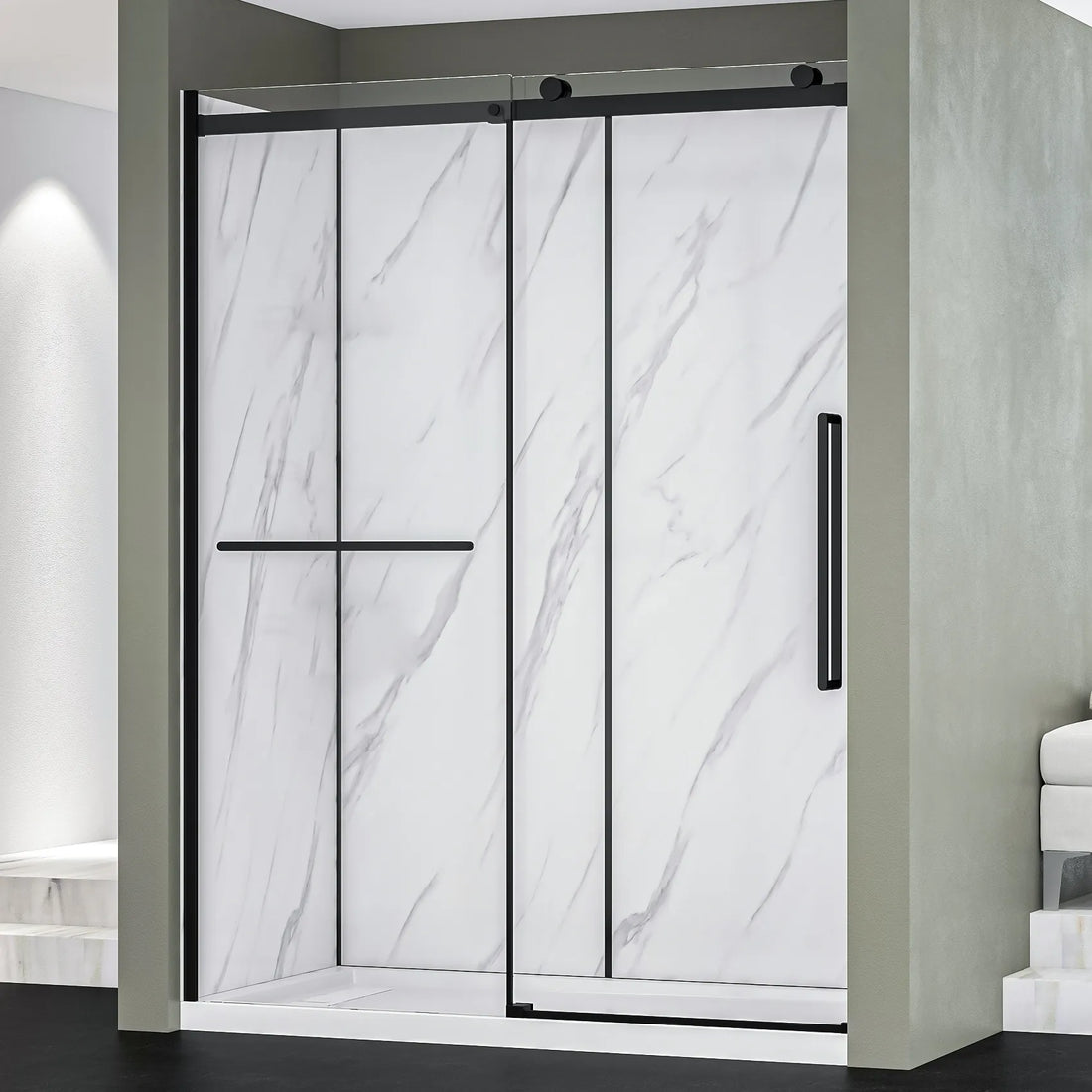 A full view of the Dreamwerks alcove shower kit model DK1156B-MB, featuring a clear glass sliding door, matte black frame and hardware, and smooth white textured shower wall panels.