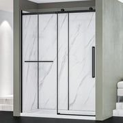 A full view of the Dreamwerks alcove shower kit model DK1156B-MB, featuring a clear glass sliding door, matte black frame and hardware, and smooth white textured shower wall panels.