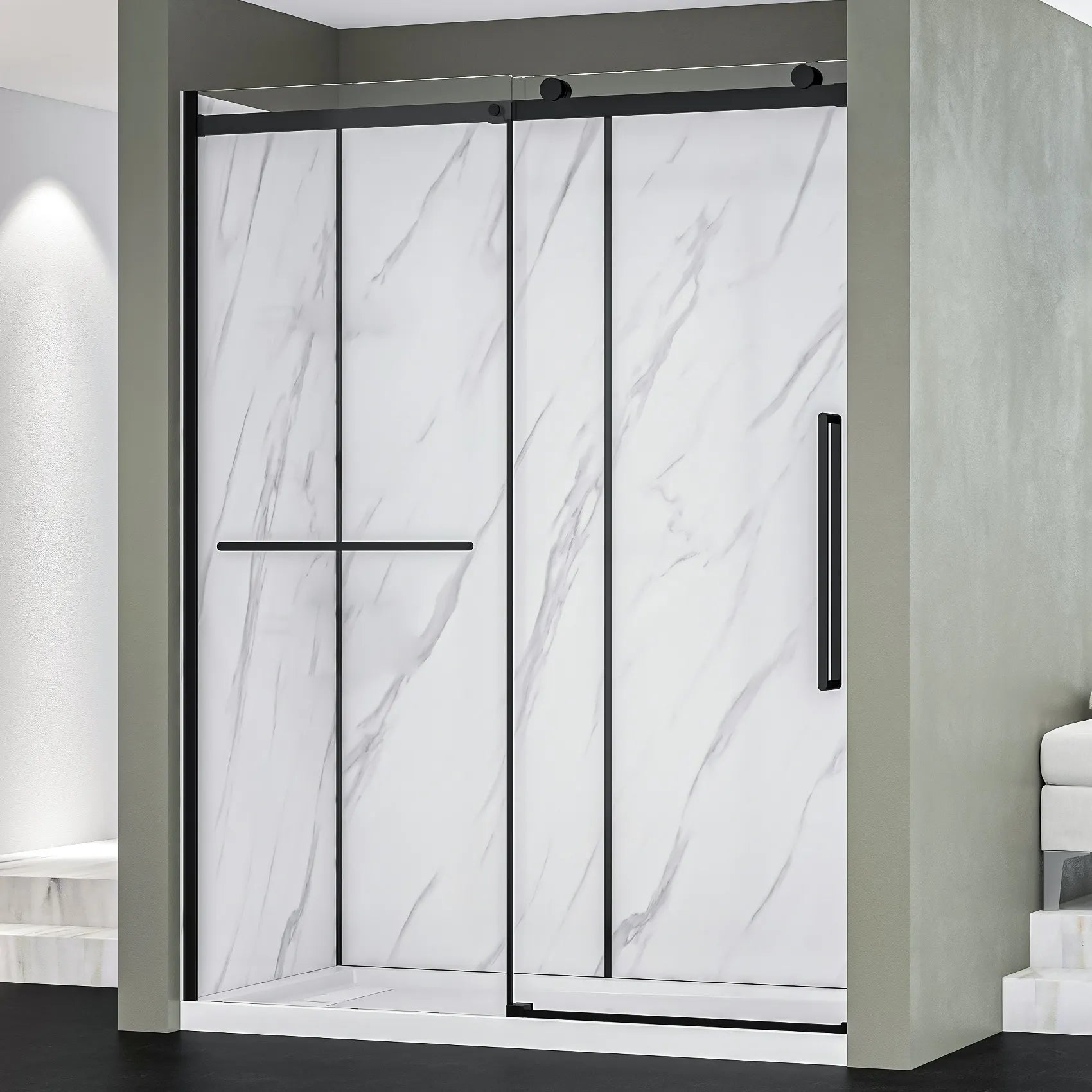 A full view of the Dreamwerks alcove shower kit model DK1156B-MB, featuring a clear glass sliding door, matte black frame and hardware, and smooth white textured shower wall panels.