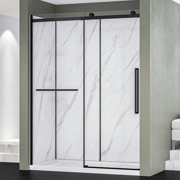 A full view of the Dreamwerks alcove shower kit model DK1156B-MB, featuring a clear glass sliding door, matte black frame and hardware, and smooth white textured shower wall panels.