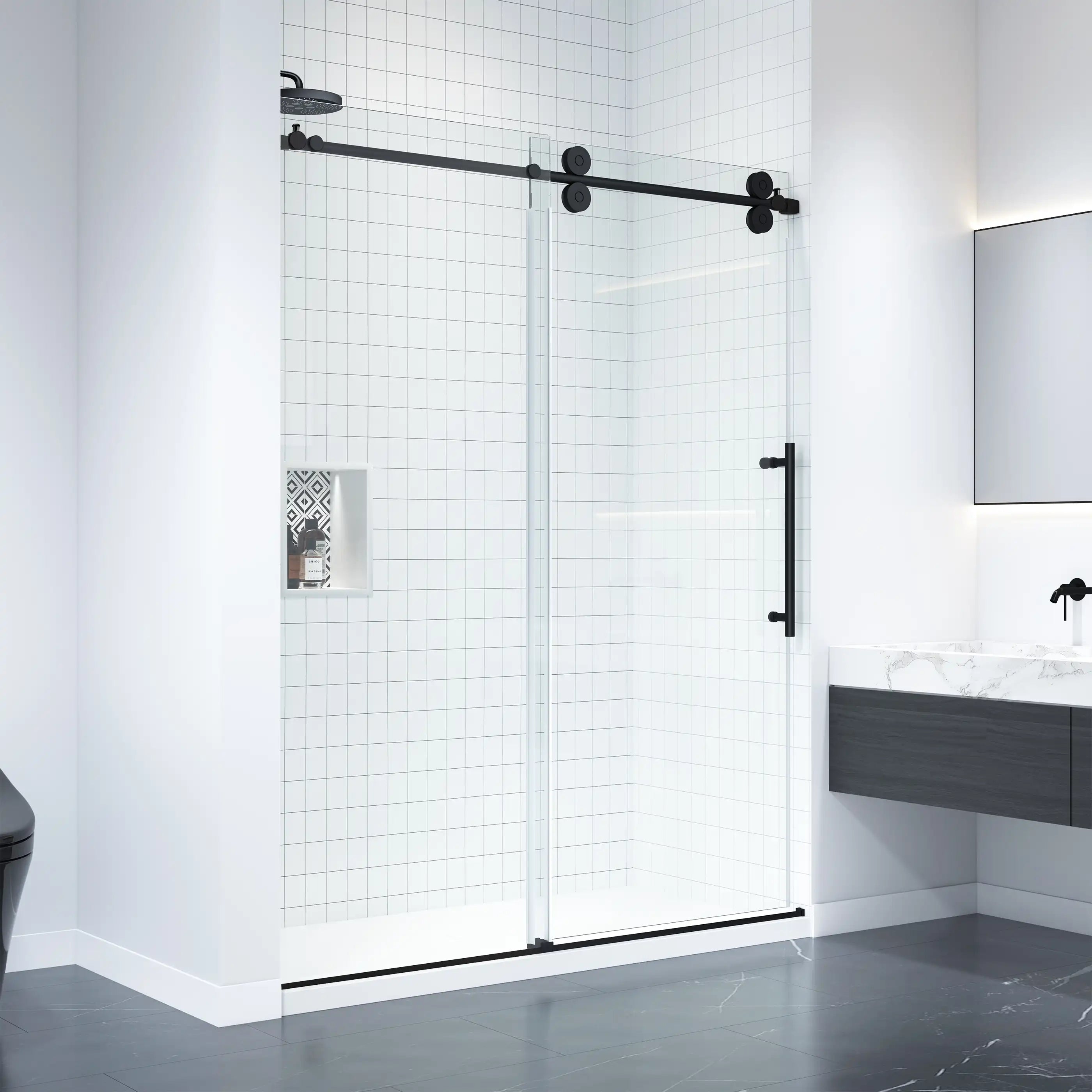 Close-up view of the Apollo 60 in. W x 79 in. H Frameless Double Roller Shower Door in Black, highlighting the smooth, matte black exposed roller track and the large, sleek handle bar.