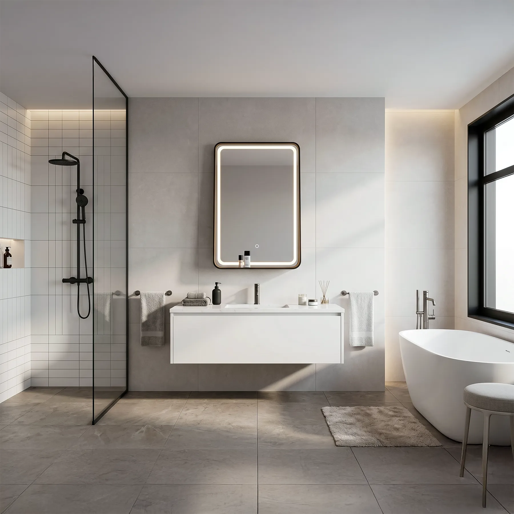 Modern bathroom with white vanity, mirror, and bathtub.