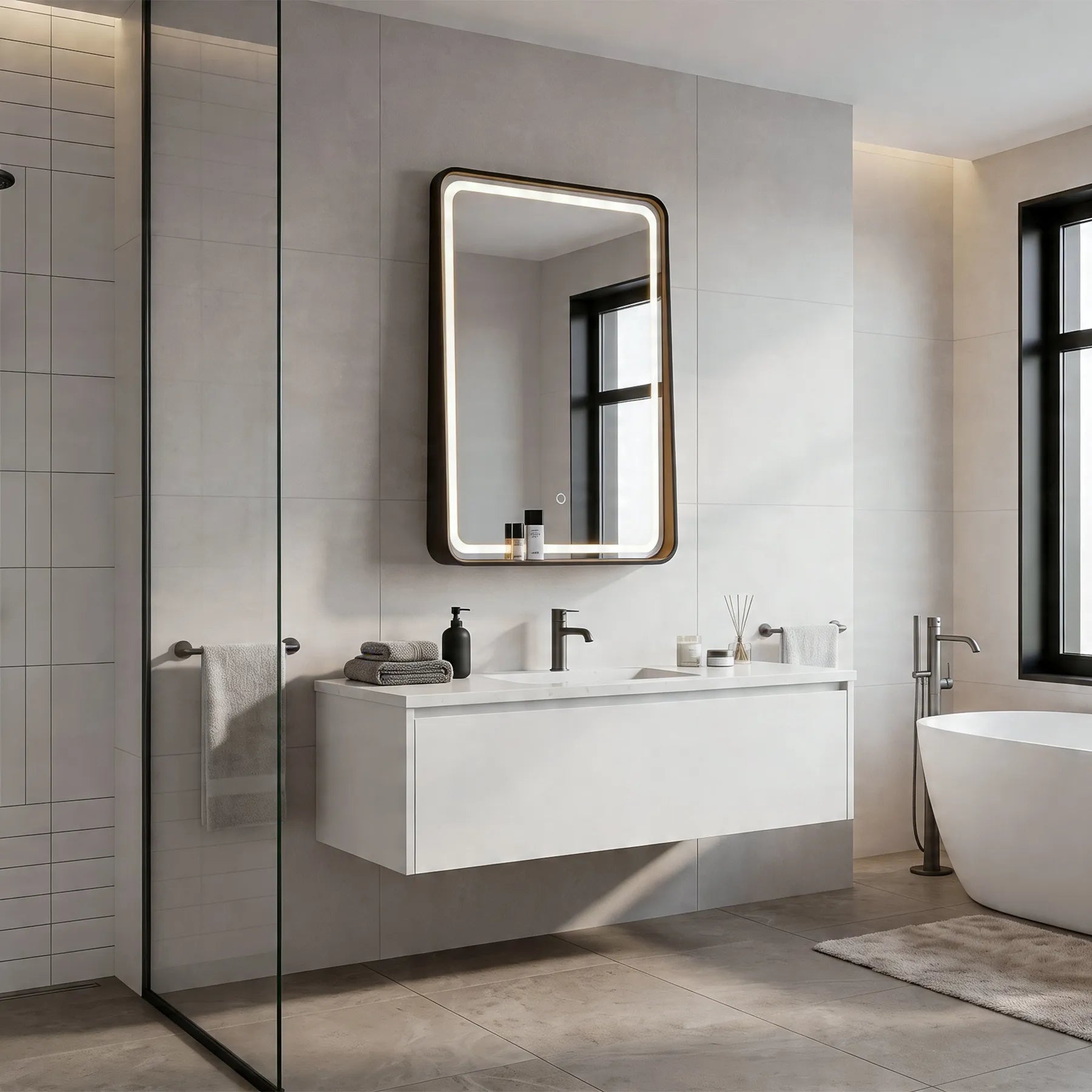 Modern bathroom with a floating vanity, illuminated mirror, and freestanding bathtub.
