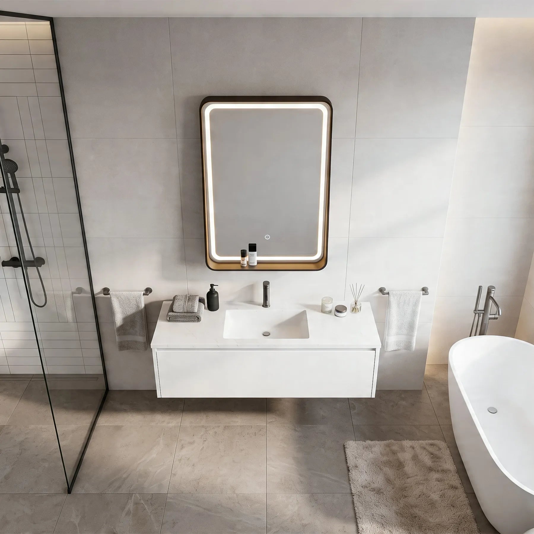 Modern bathroom with a sink, mirror, and bathtub.