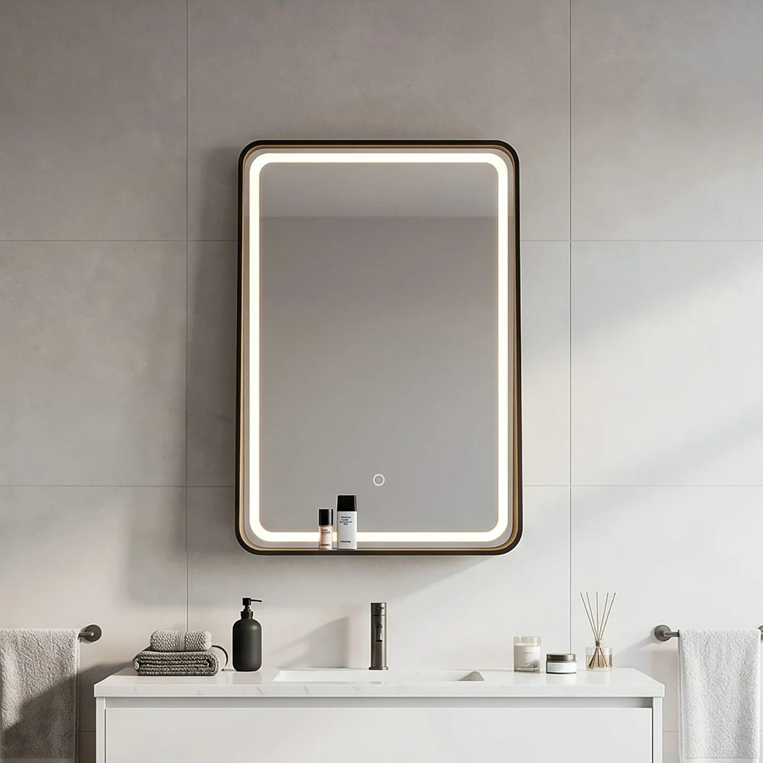 Modern bathroom with a white vanity, sink, and illuminated mirror.
