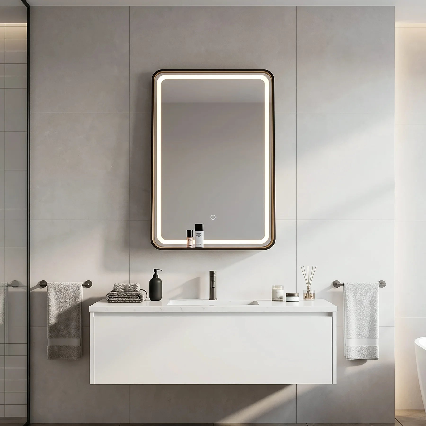 Modern bathroom with a white vanity, sink, and illuminated mirror.