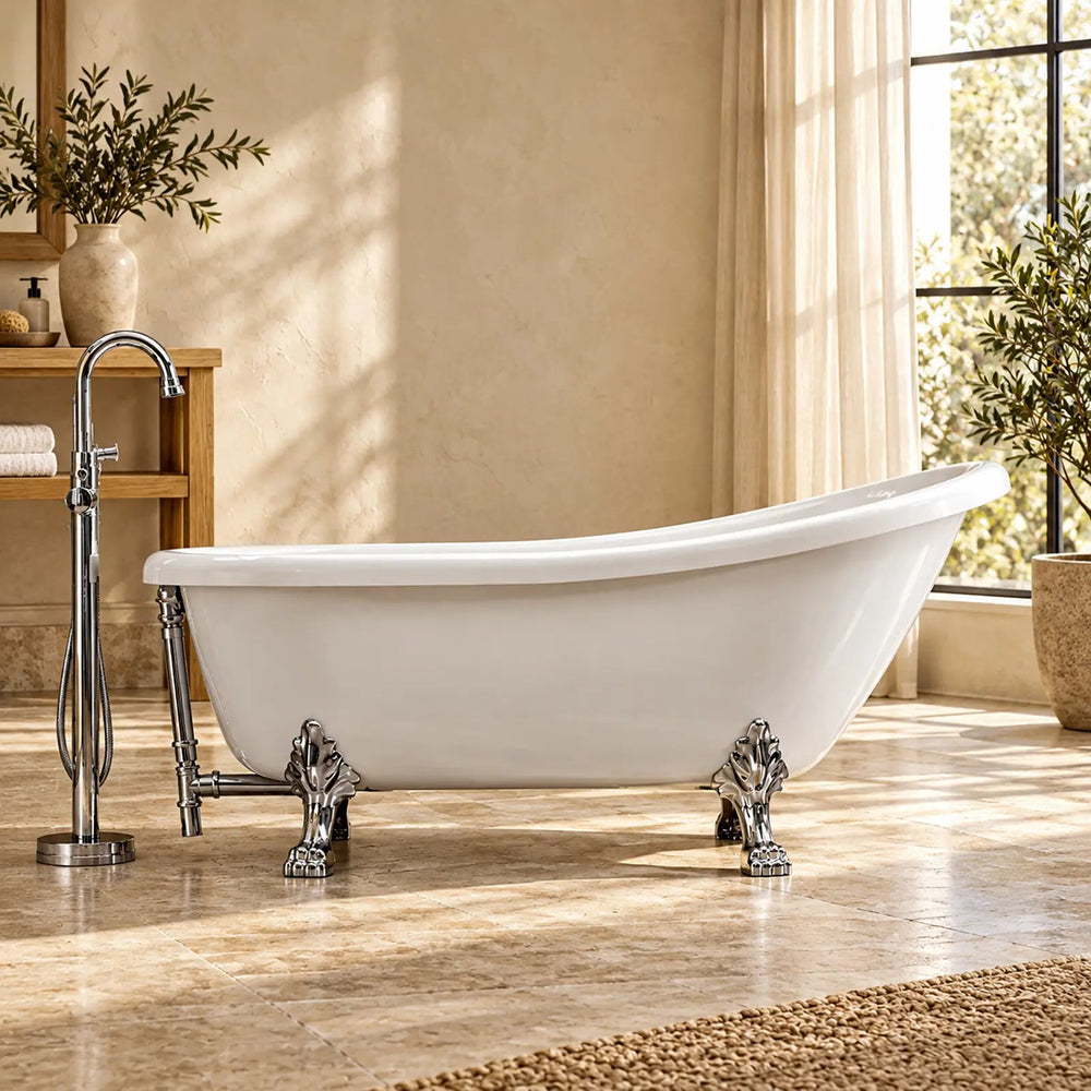 A freestanding oval bathtub with claw feet in white, shown in a sunlit bathroom with a chrome faucet and tiled floor.
