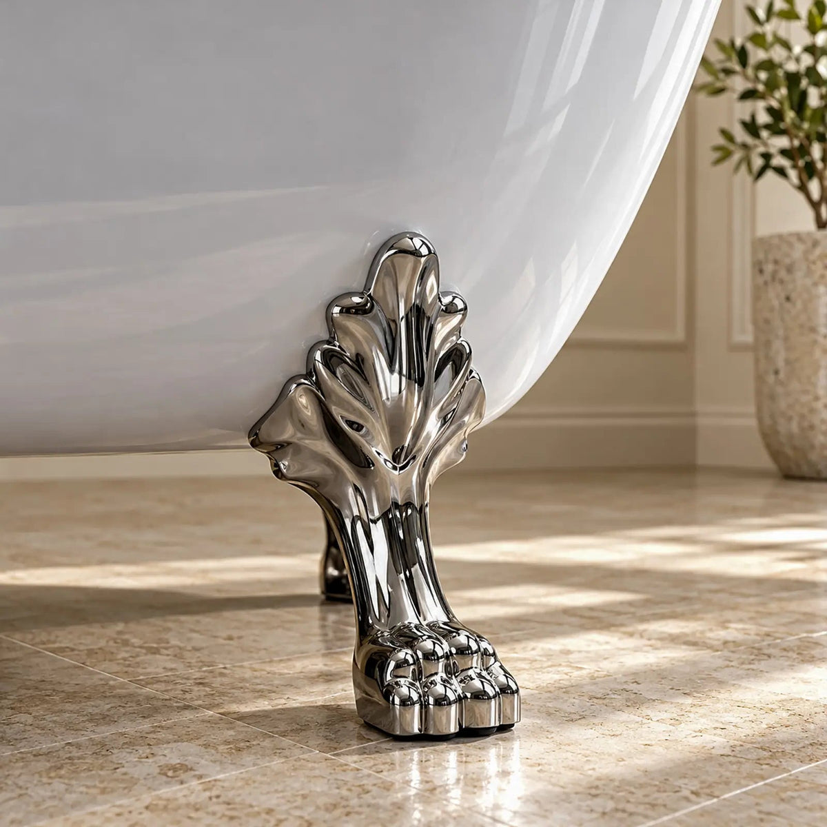 Close-up of the Dreamwerks bathtub’s sculpted silver clawfoot leg beneath the glossy white shell.
