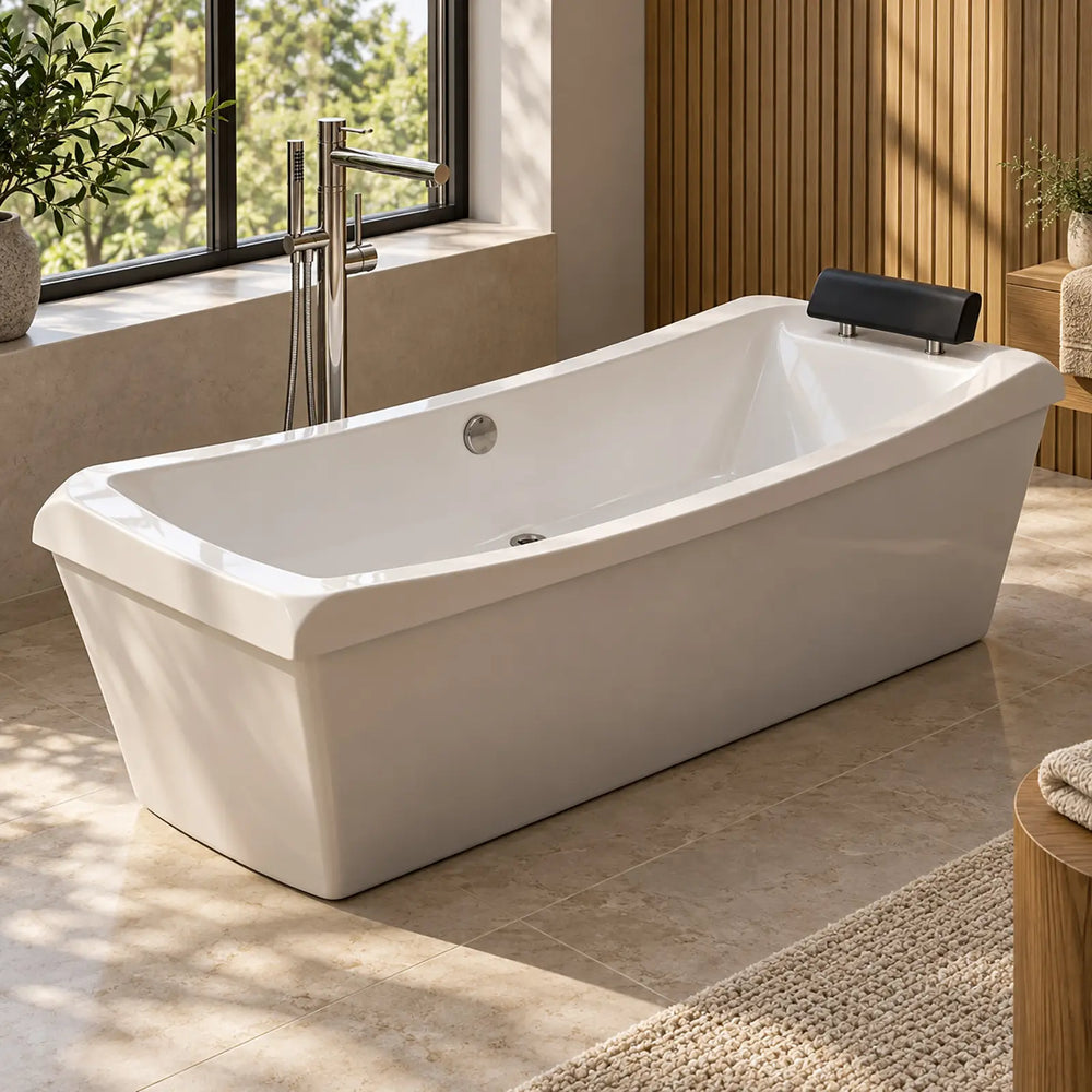 A modern freestanding rectangular bathtub with a glossy white finish, positioned in a sunlit bathroom with a chrome faucet, wood slat wall, tiled floor, and plants.