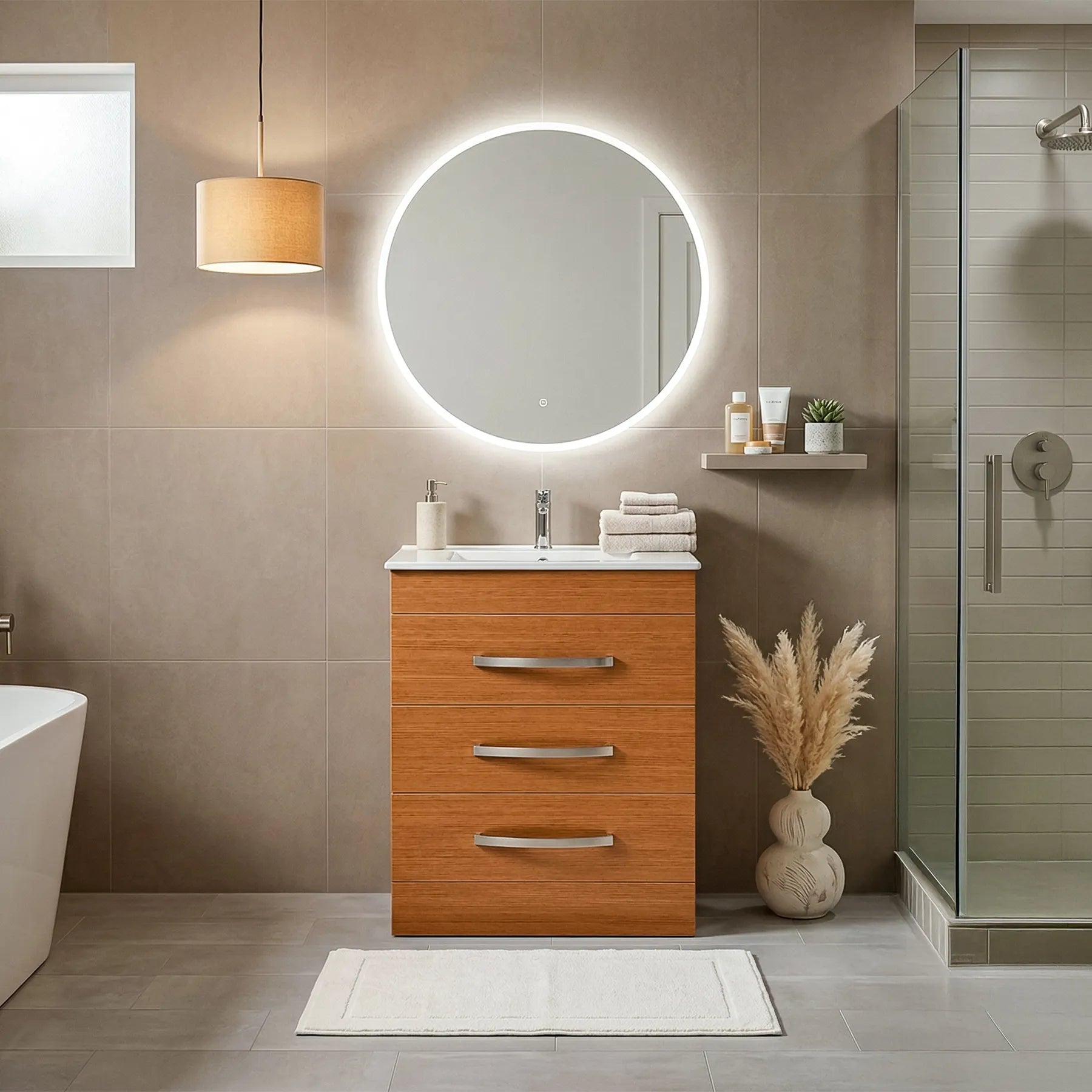 Bathroom with wooden vanity, round mirror, and shower area.