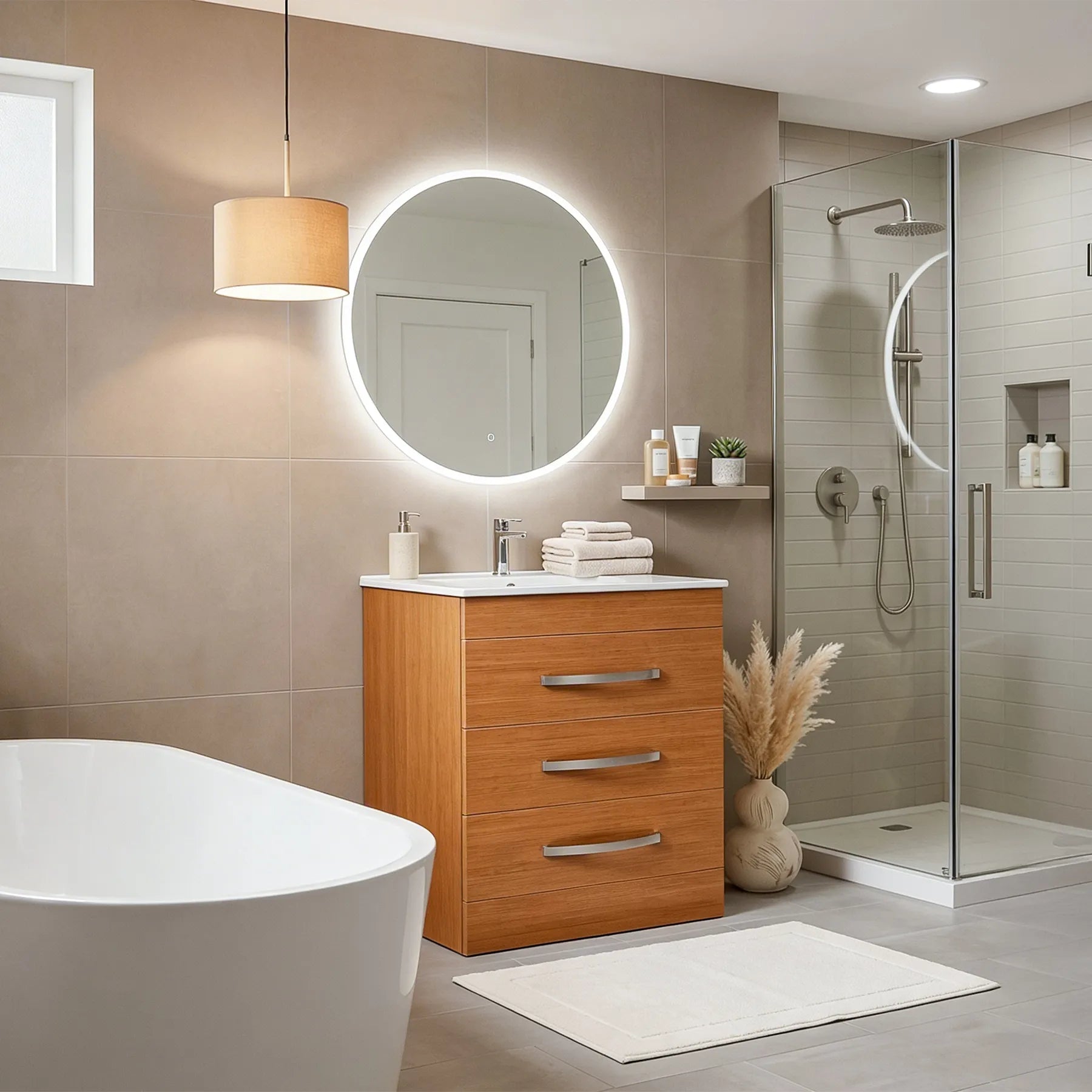Modern bathroom with wooden vanity, round mirror with lighting, and shower area.