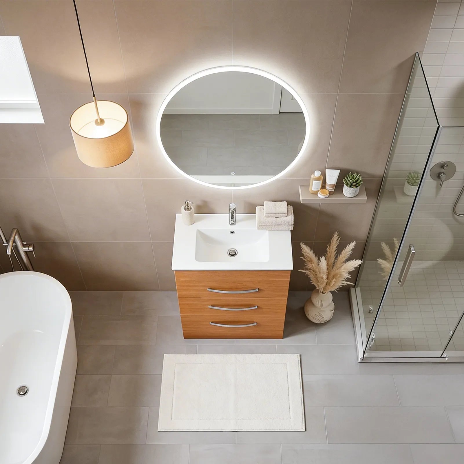Modern bathroom with wooden vanity, round mirror, and bathtub.
