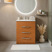 Bathroom with wooden vanity, round mirror, and decorative elements.