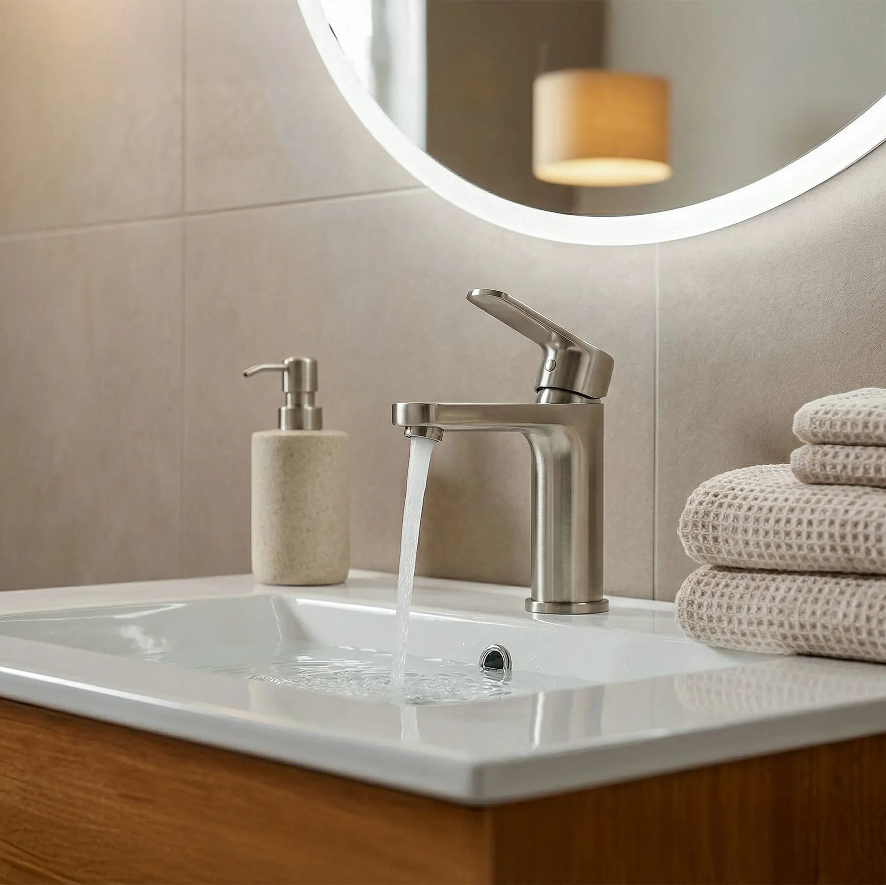 Bathroom sink with running water, soap dispenser, and towels under a round mirror.