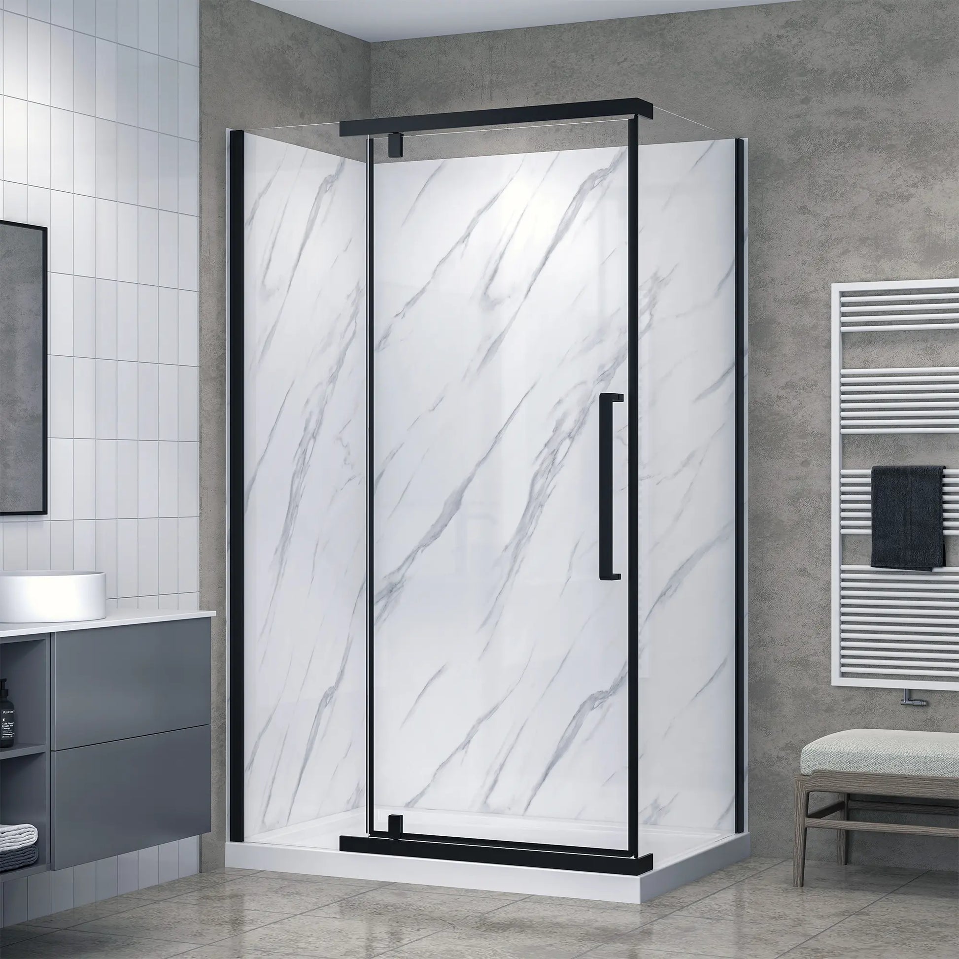 Modern shower enclosure with marble pattern in a bathroom setting