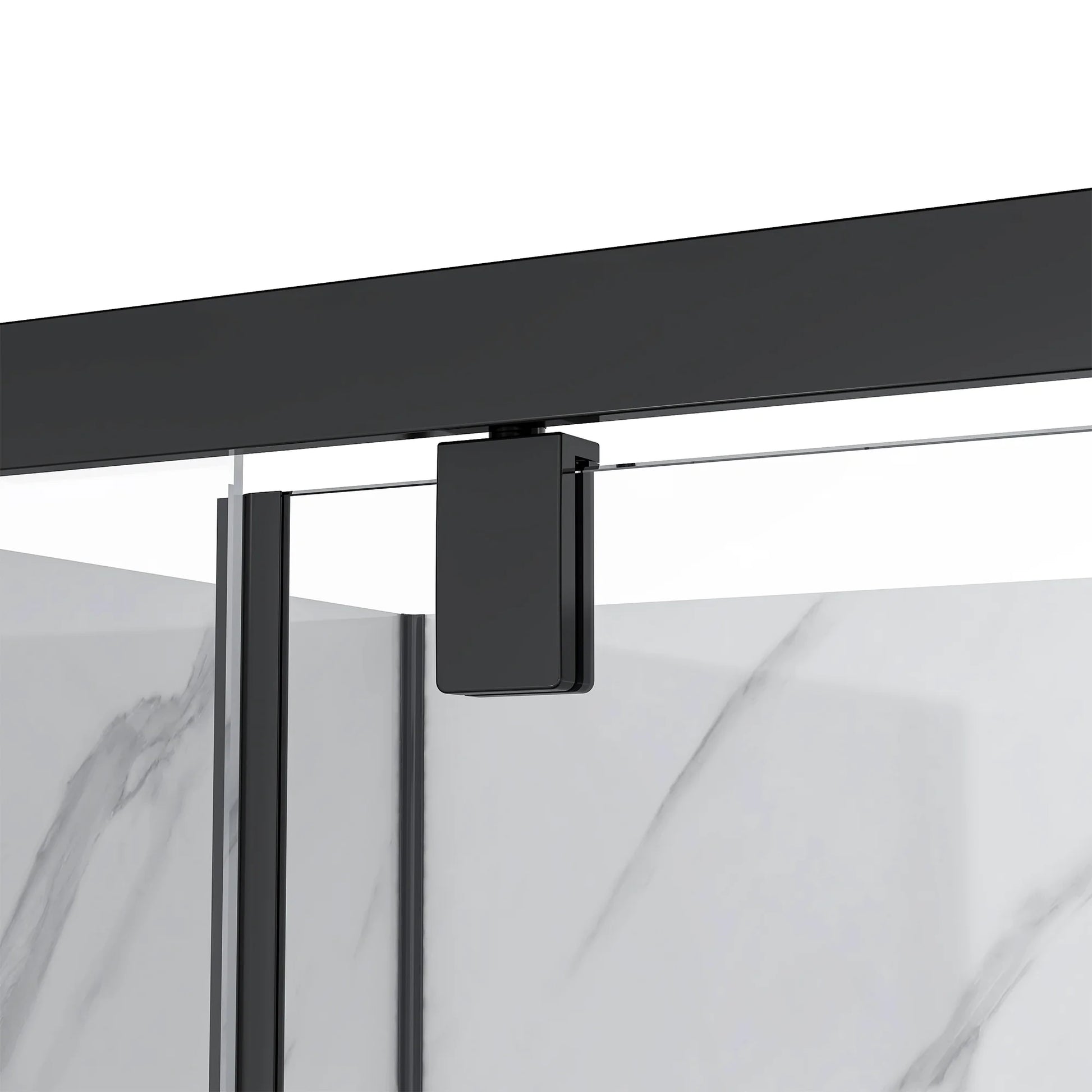 Glass shower enclosure with black frame and pivot arm on a white background