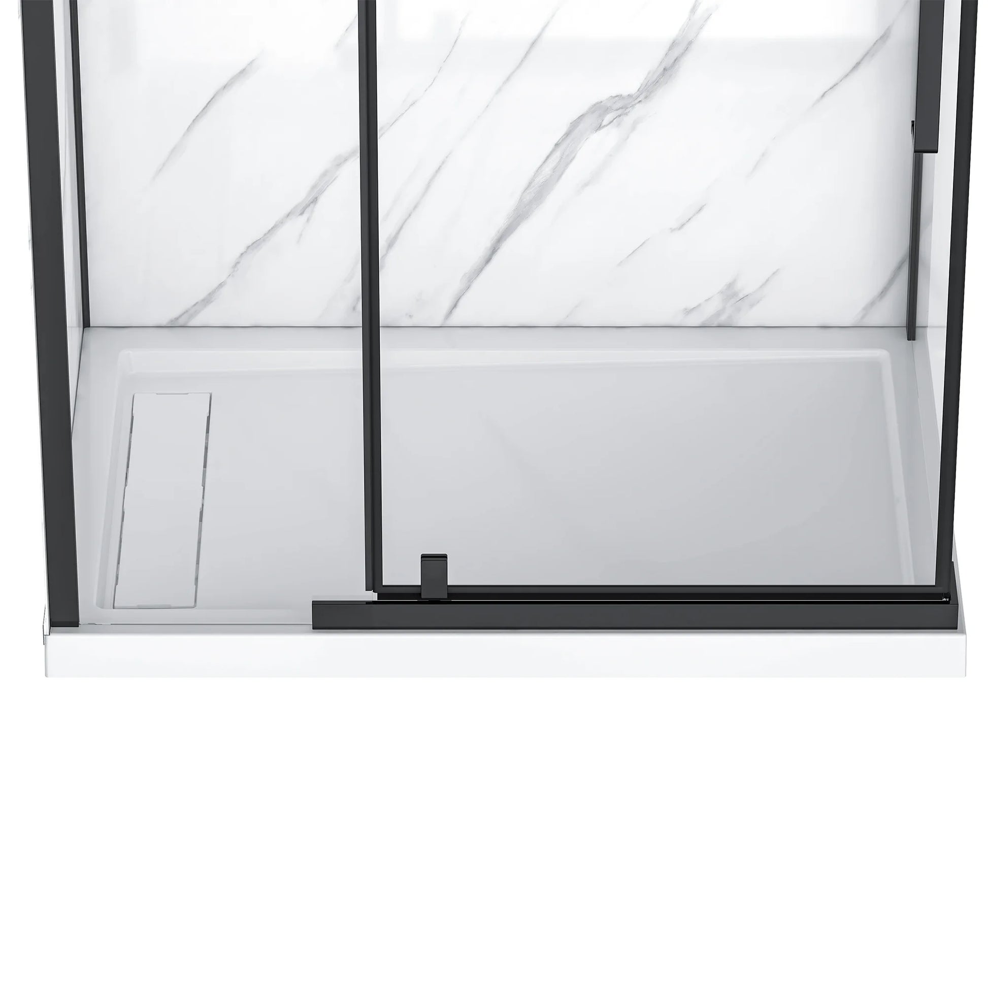 Glass shower enclosure with black frame and white marble patterned glass