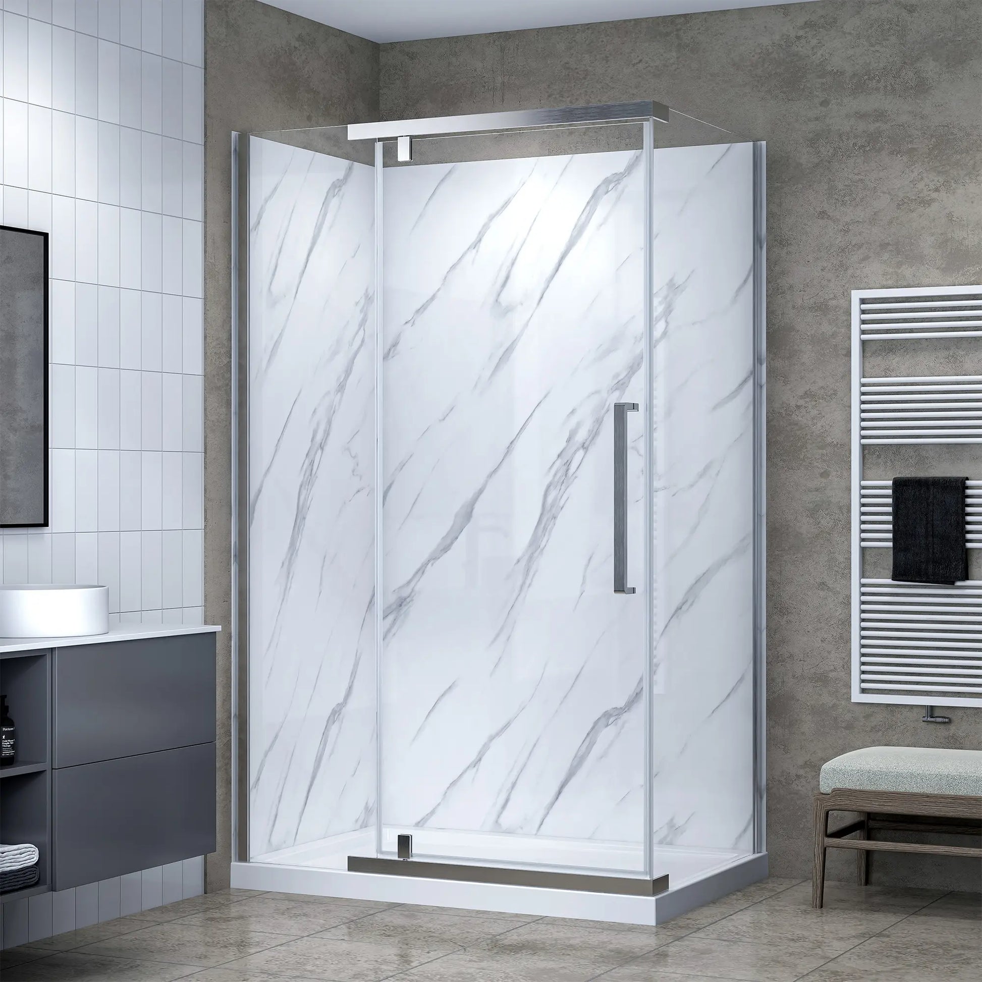 Modern shower enclosure with marble-like design in a bathroom setting