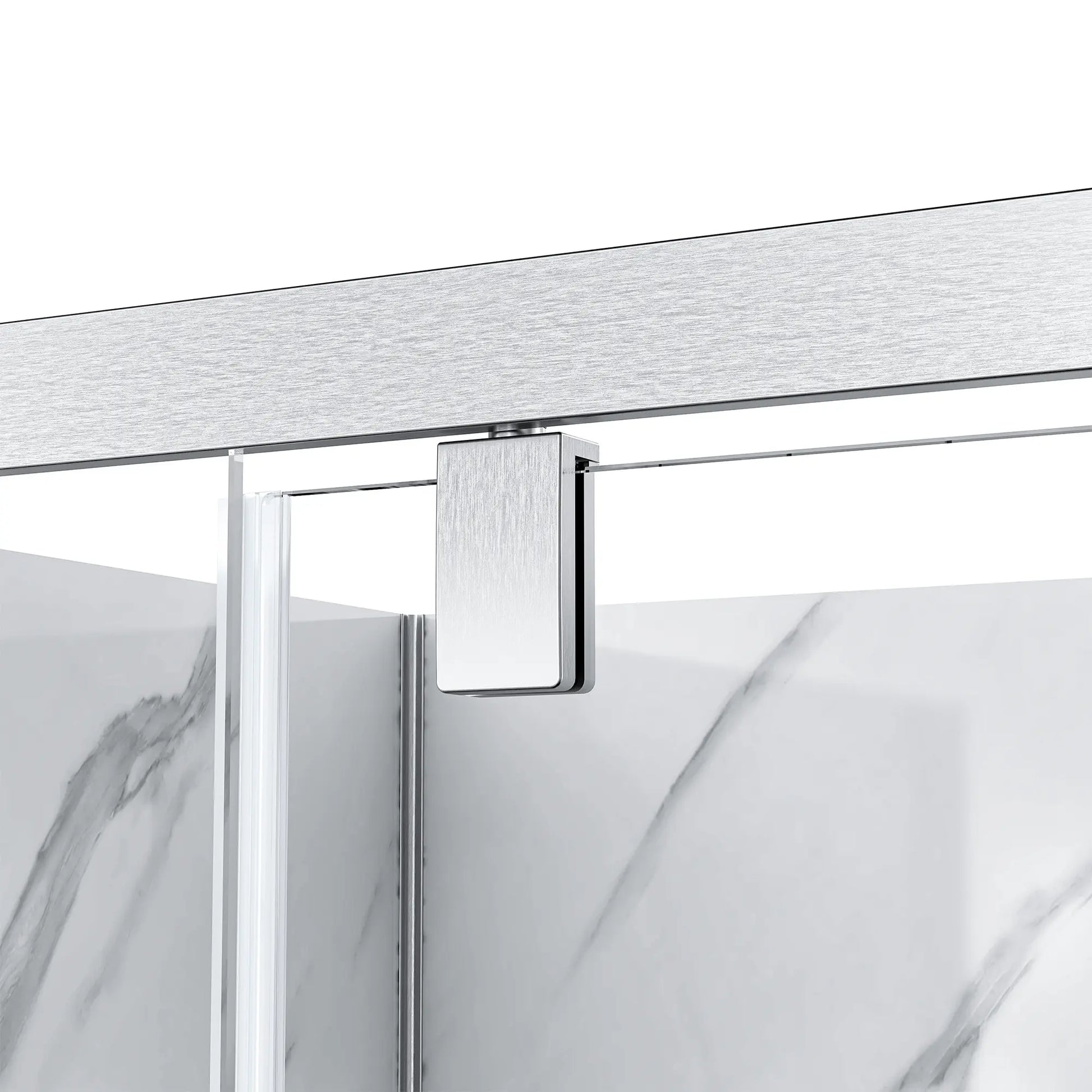 Close-up of a shower door with a chrome handle on a white background