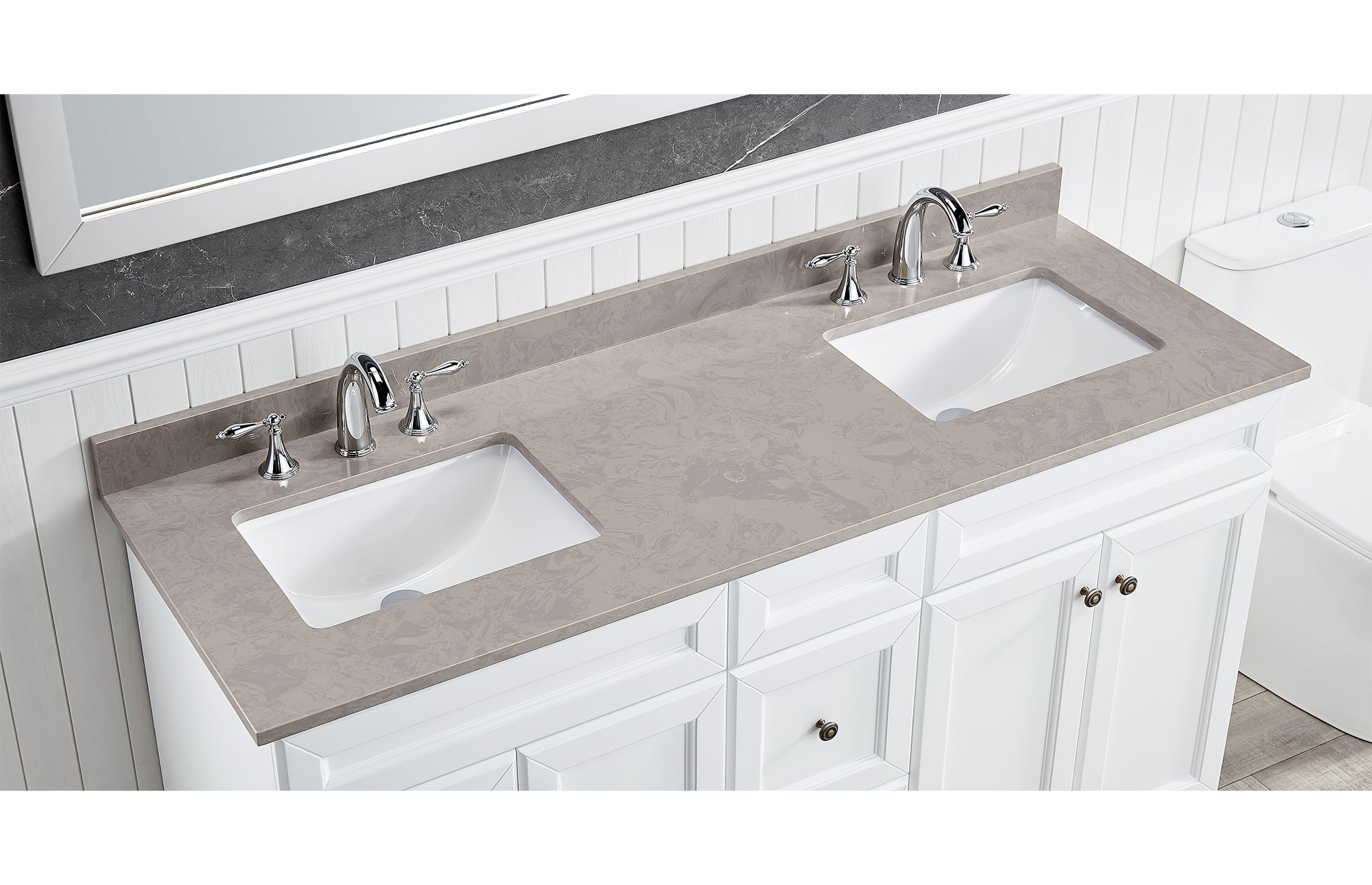 Amalfi 61"W x 22"D Ascot White Engineered Marble Vanity Top with Rectangular 2x Undermount Bowls