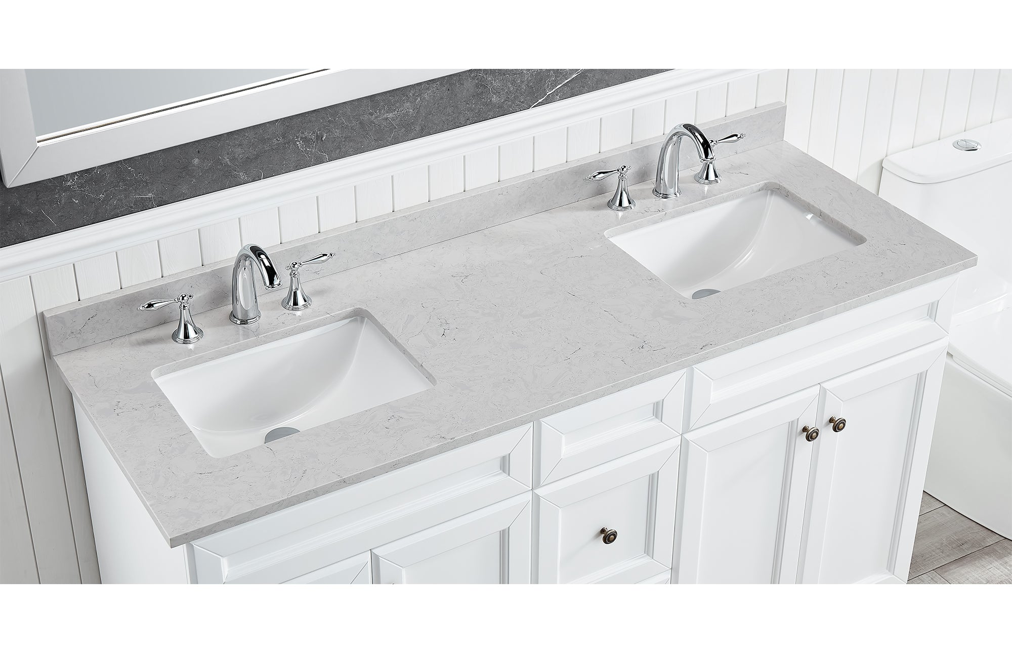 Amalfi 61"W x 22"D Ascot White Engineered Marble Vanity Top with Rectangular 2x Undermount Bowls