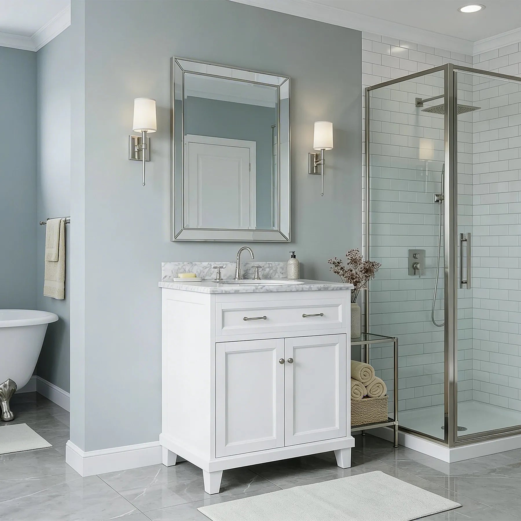 Bathroom with white vanity, mirror, and shower stall.