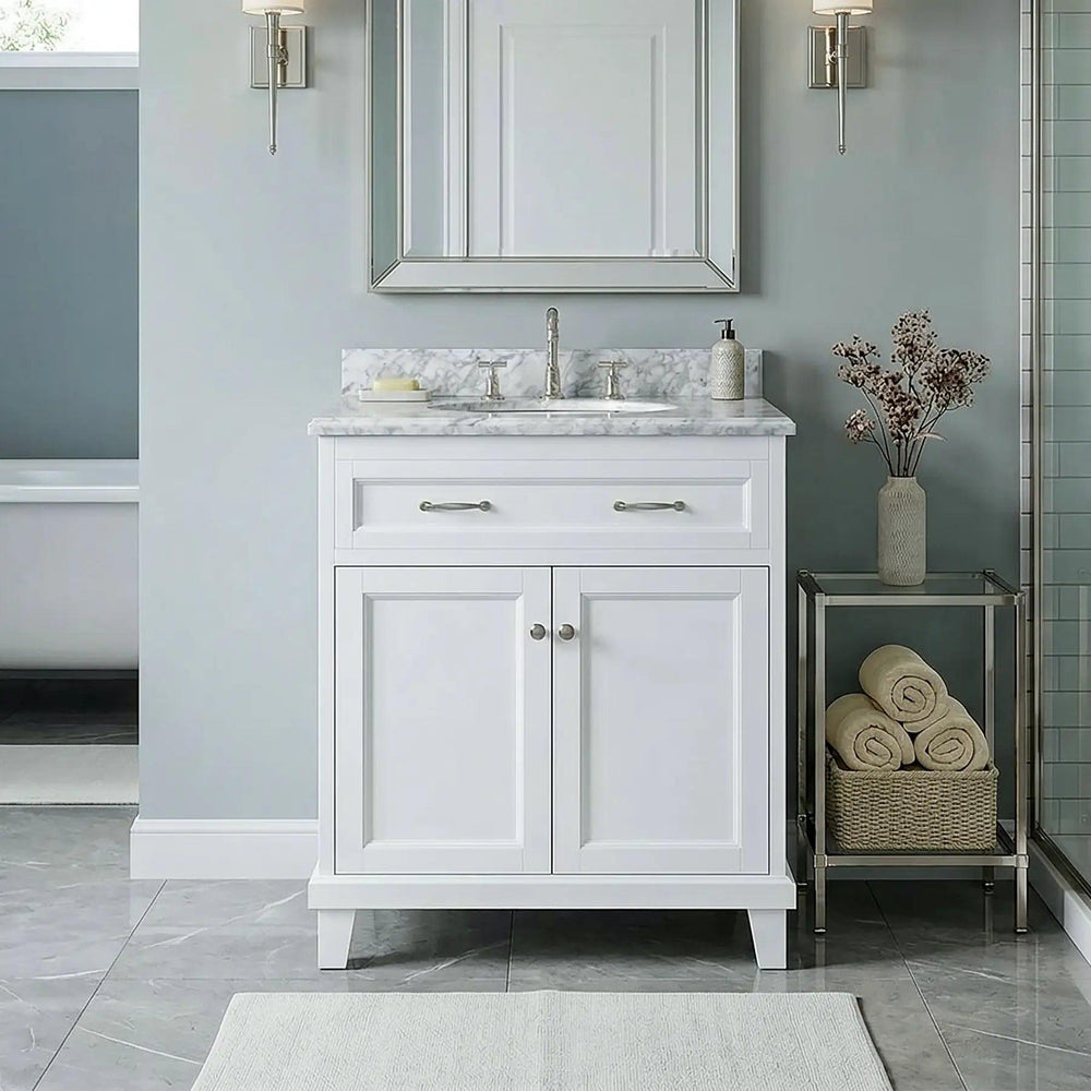 Dreamwerks - Vanity - 30"W x 22.4"D x 35"H White Vanity w/ Solid Wood & Carrara Marble Top- S15602-30W-VA