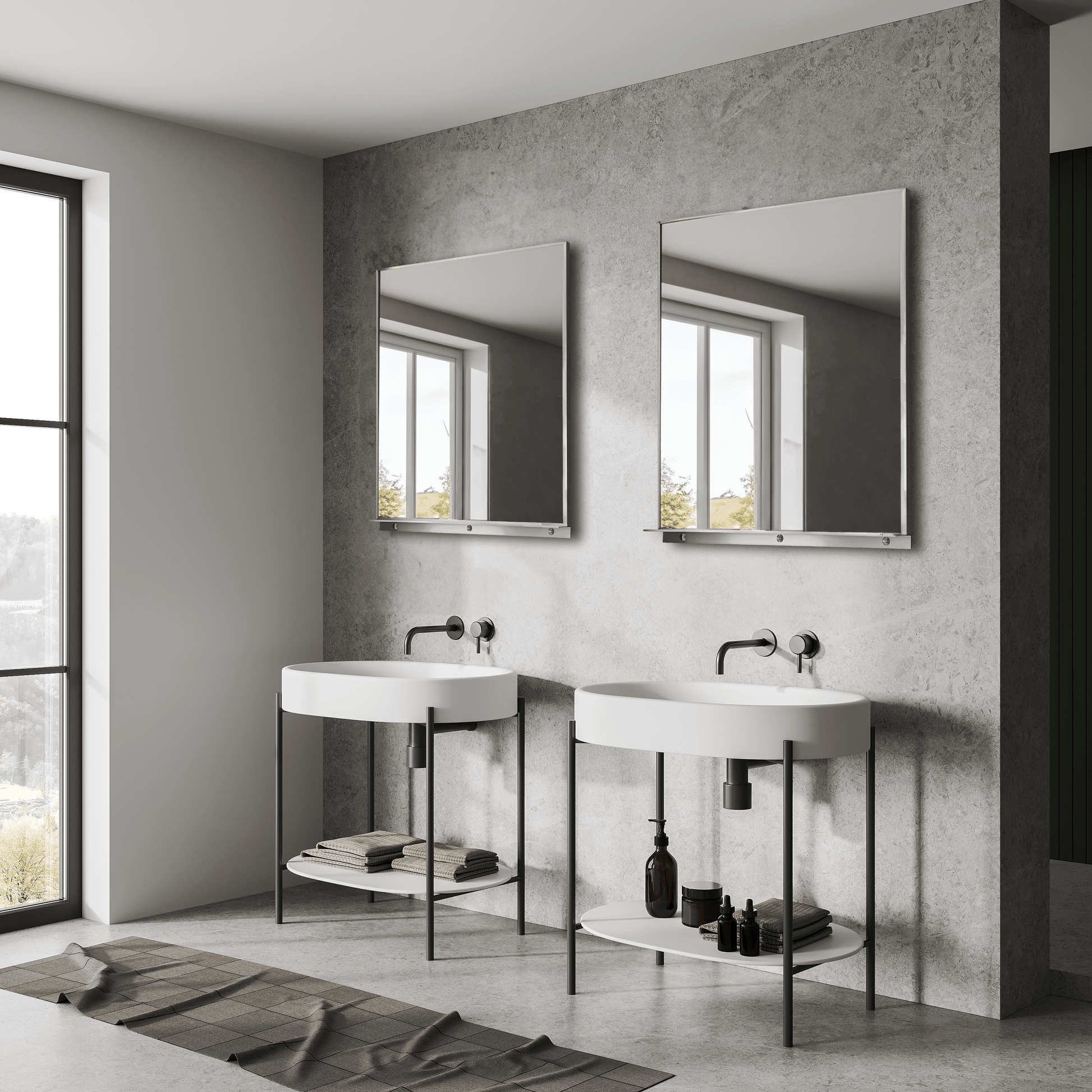 Lexi 24" x 32" Black & Chrome Framed Wall Mirror with Shelf – Water Resistant & Versatile