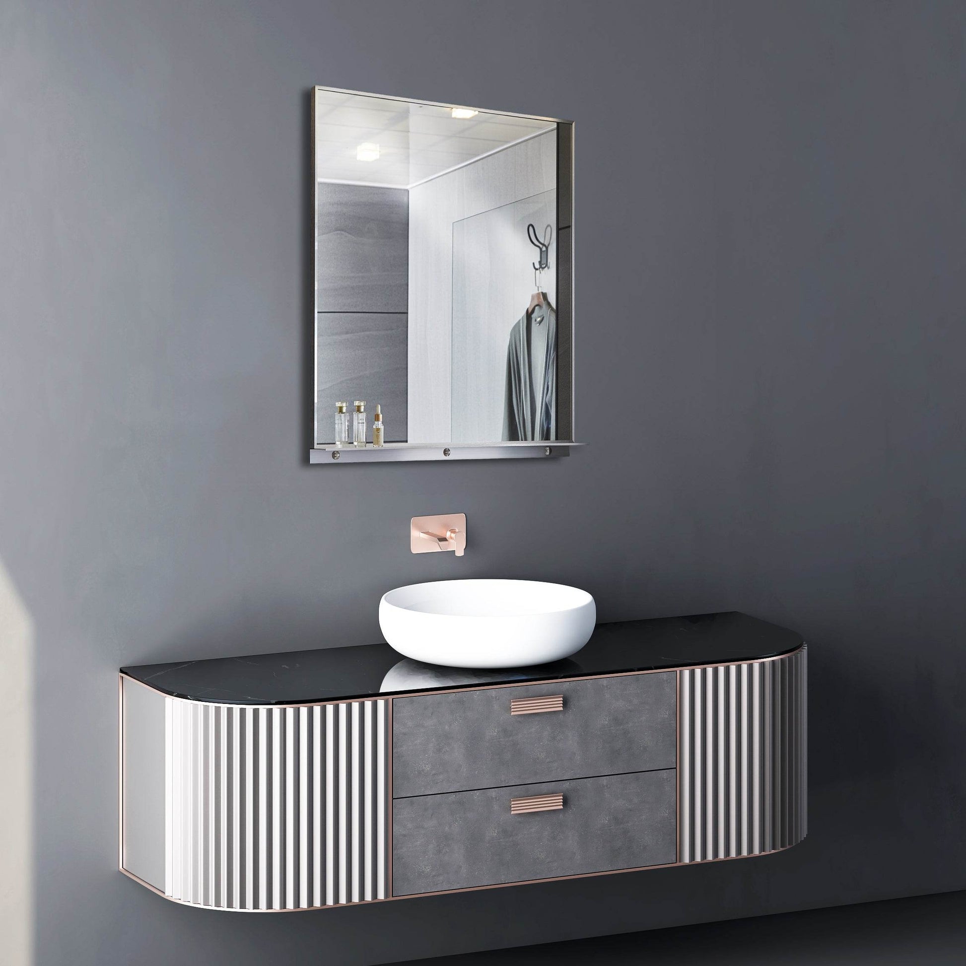 Lexi 24" x 32" Black & Chrome Framed Wall Mirror with Shelf – Water Resistant & Versatile