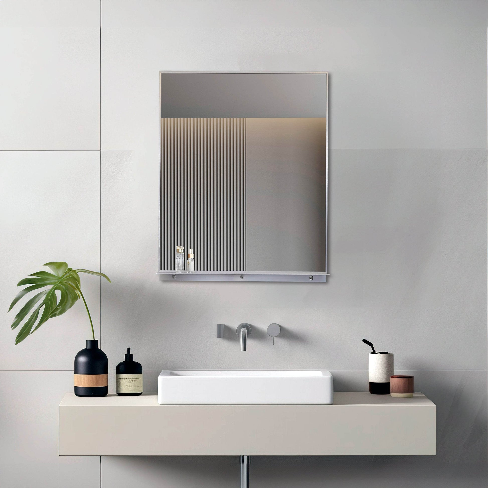 Lexi 24" x 32" Black & Chrome Framed Wall Mirror with Shelf – Water Resistant & Versatile