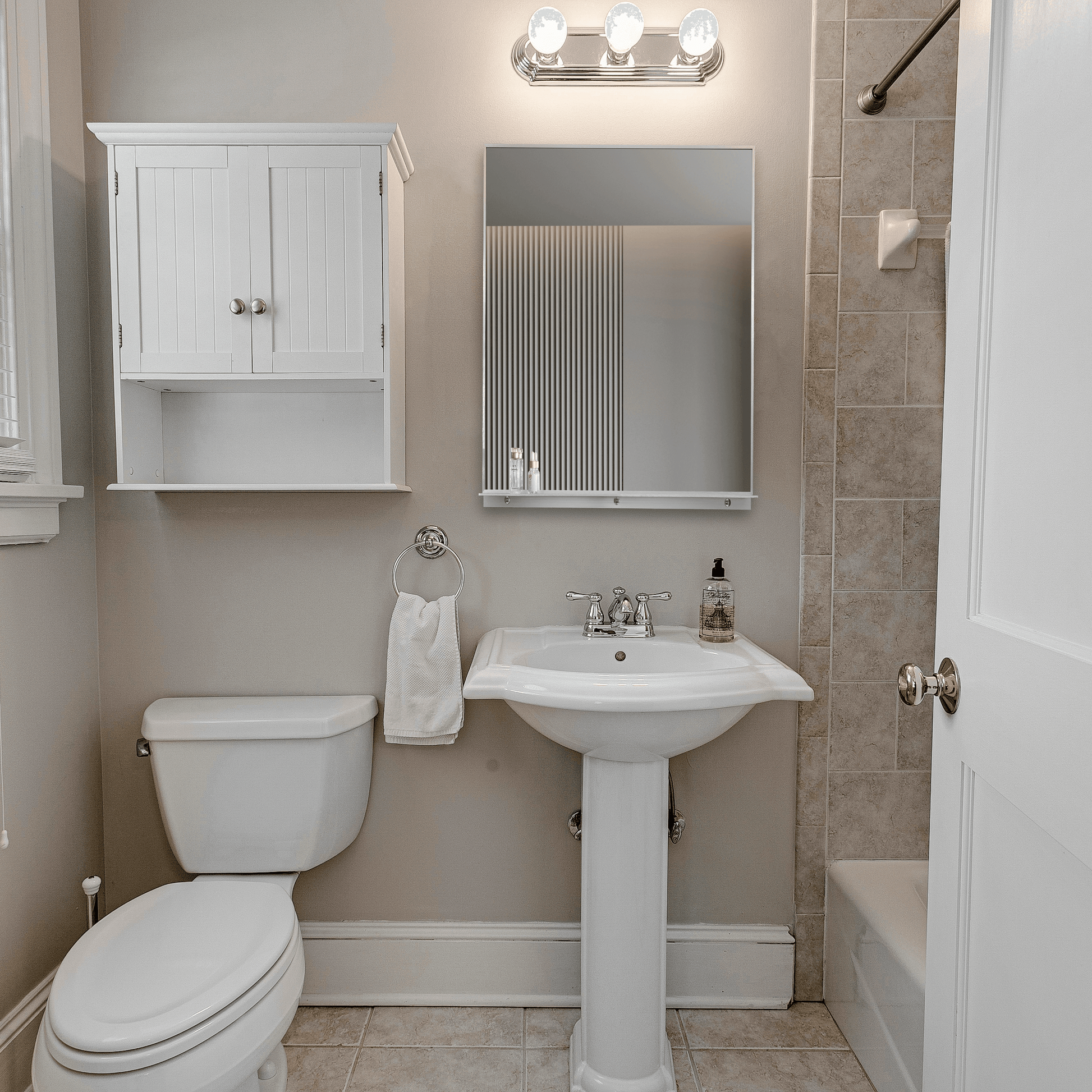 Lexi 24" x 32" Black & Chrome Framed Wall Mirror with Shelf – Water Resistant & Versatile