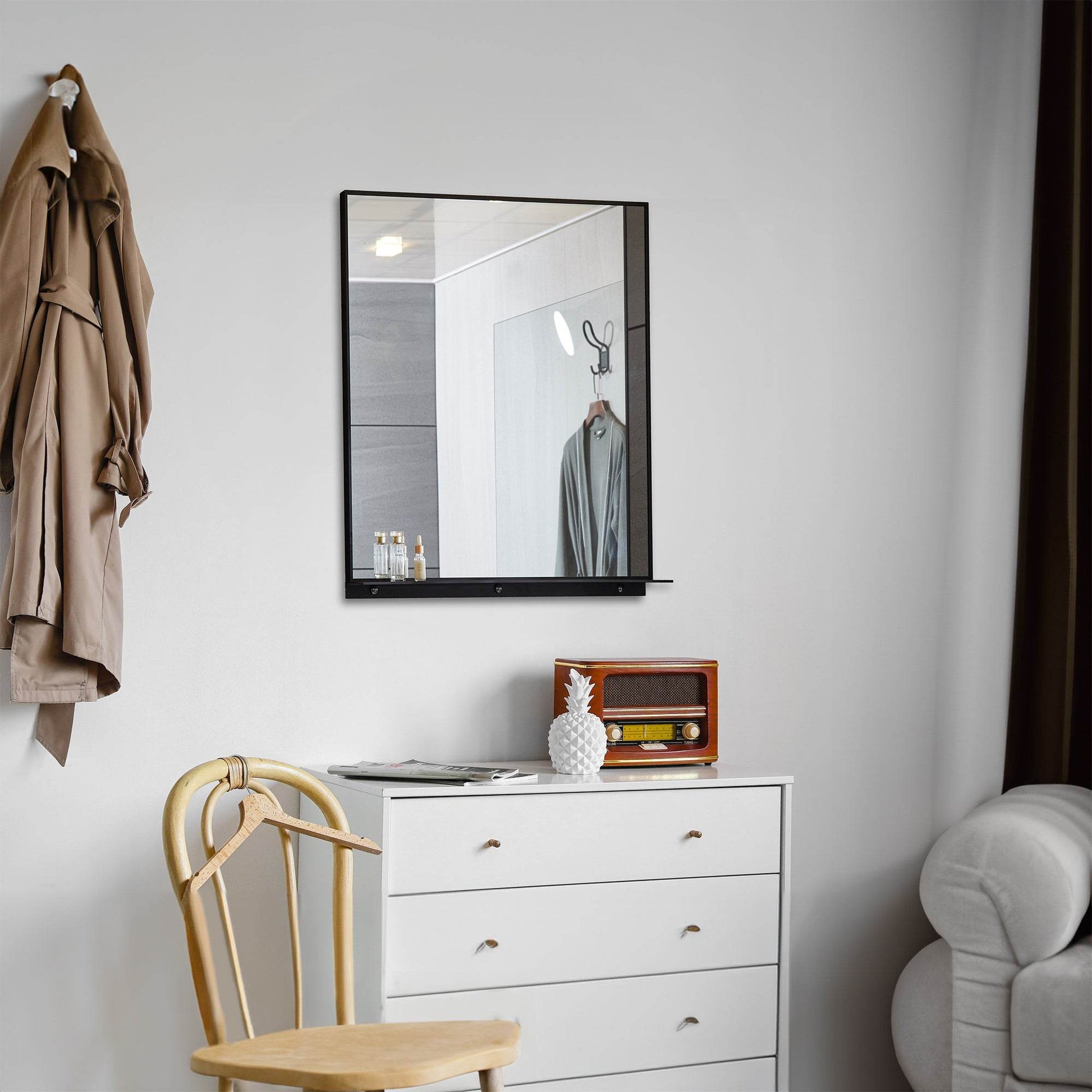 Lexi 24" x 32" Black & Chrome Framed Wall Mirror with Shelf – Water Resistant & Versatile